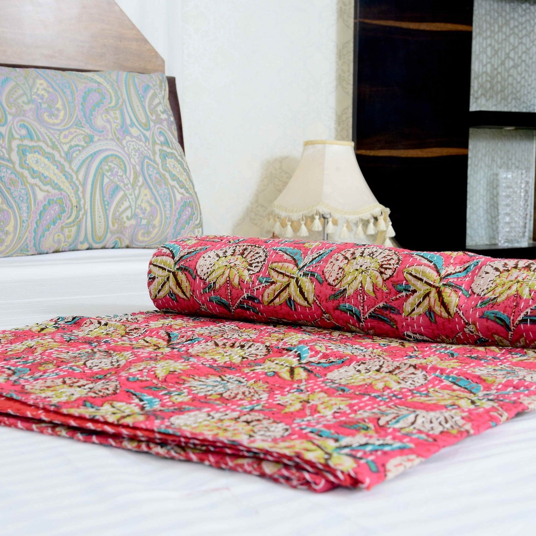 Linen Connections Handmade Indian Kantha Quilt - Red Luxe