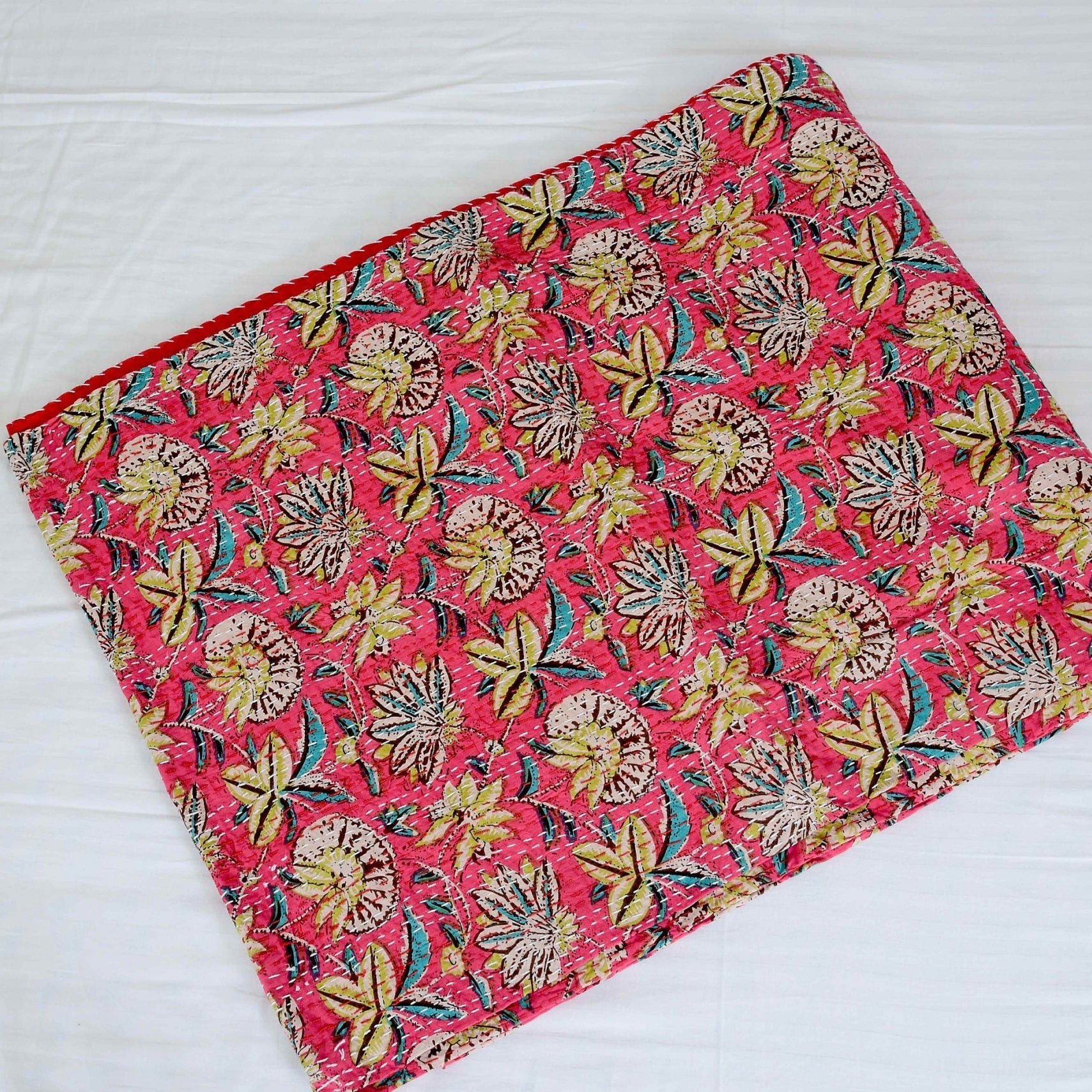 Linen Connections Handmade Indian Kantha Quilt - Red Luxe