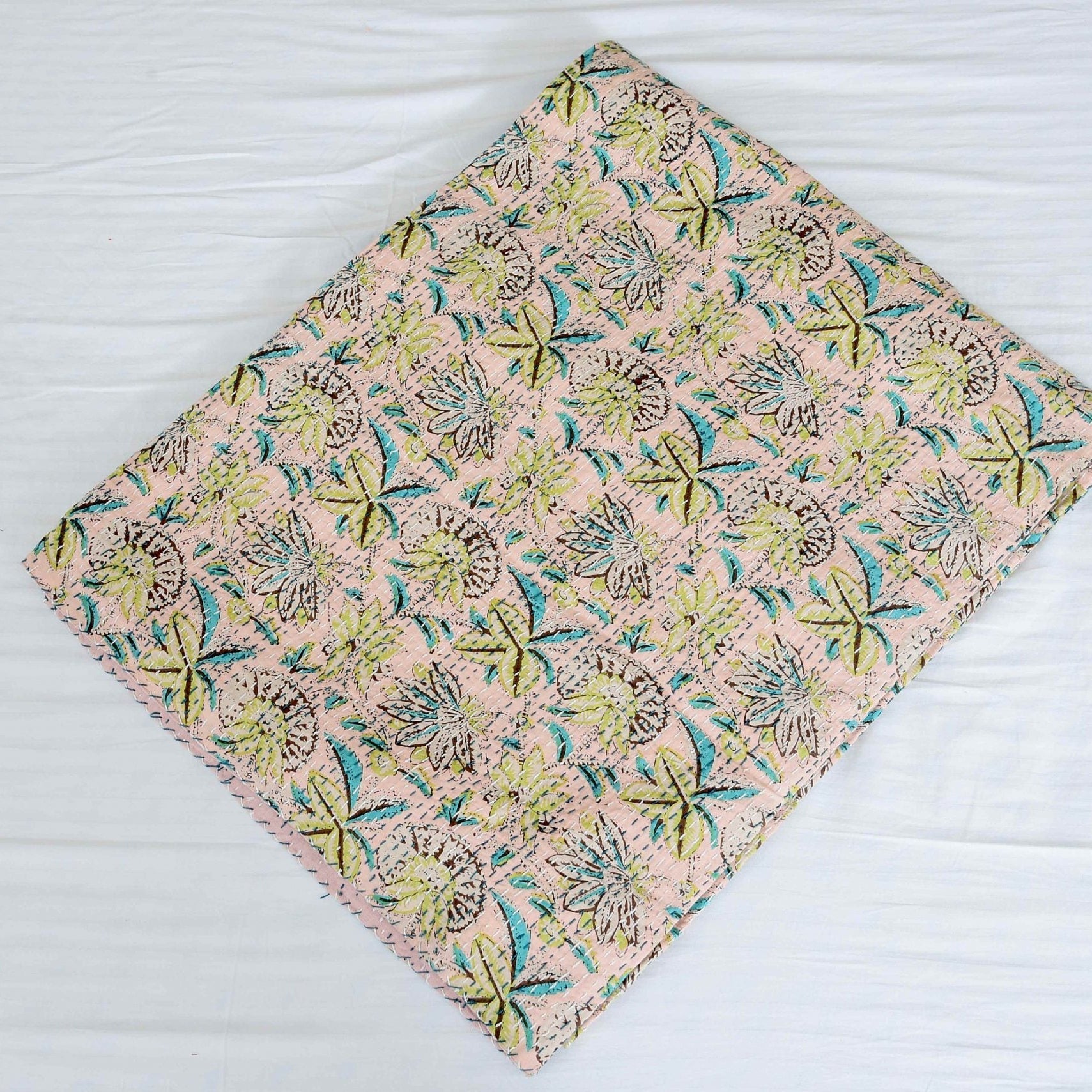 Linen Connections Handmade Indian Kantha Quilt - Peach Bliss