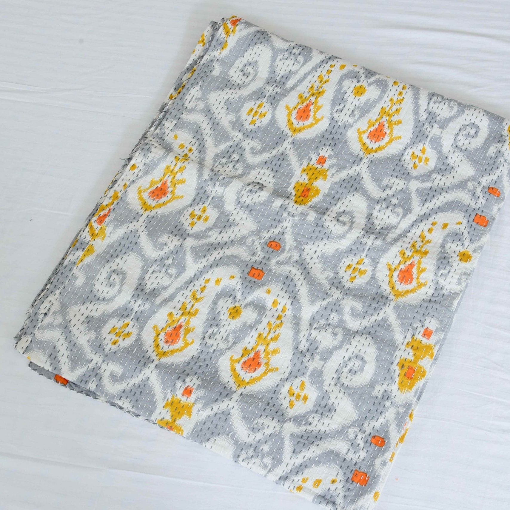 Linen Connections Handmade Indian Kantha Quilt - Silver Mist