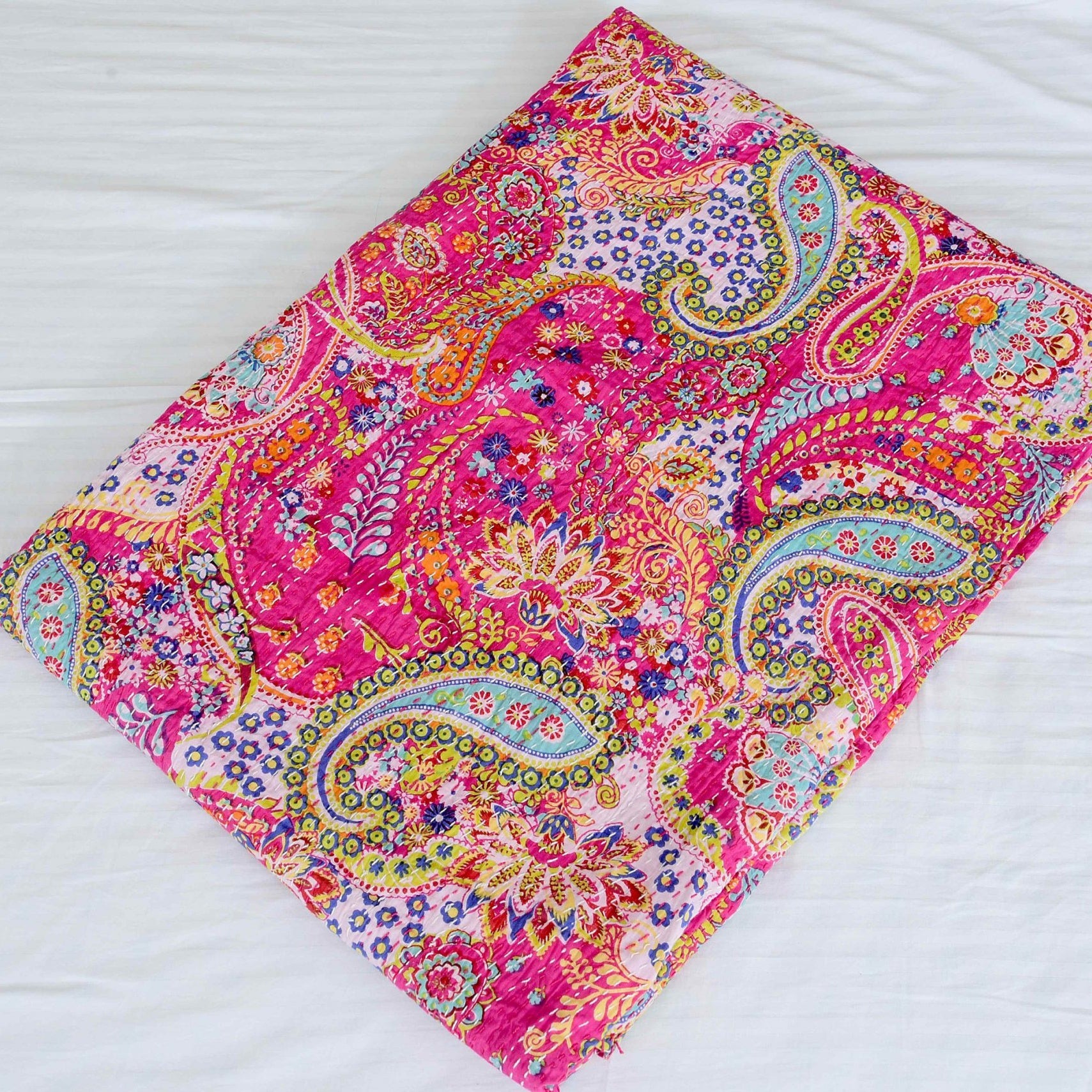 Linen Connections Handmade Indian Kantha Quilt - Pink Hues