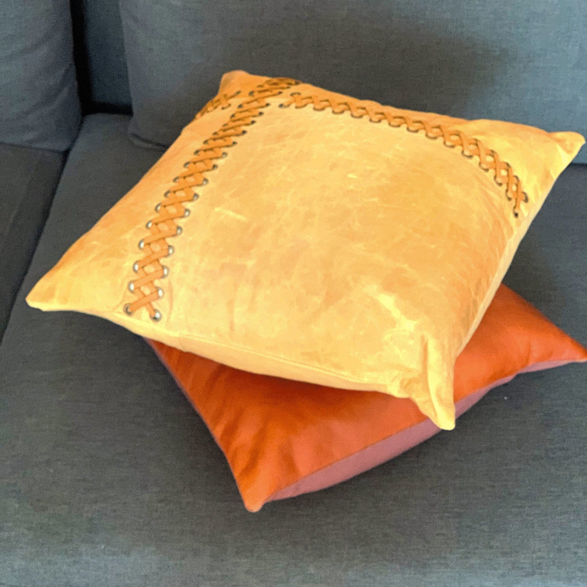 100% Tan Leather Cushion Cover - Orange Leather
