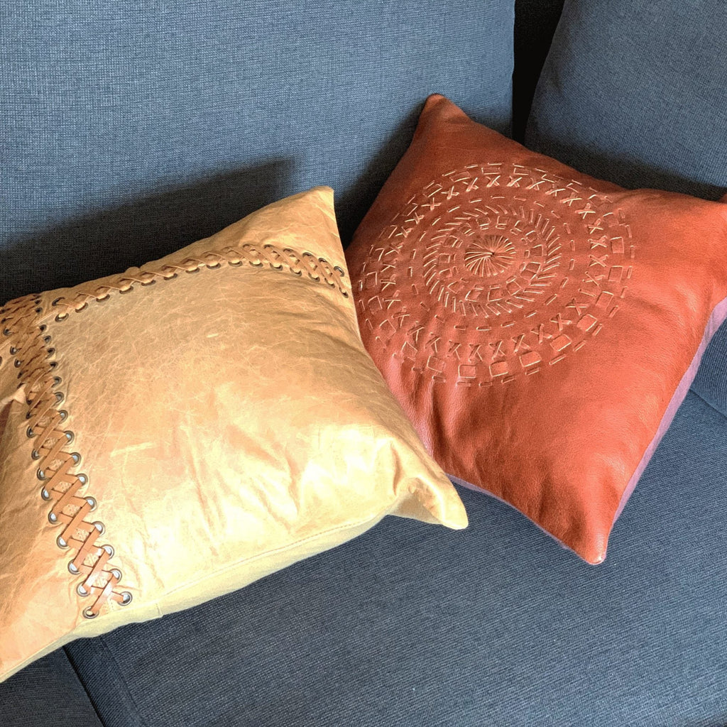 100% Tan Leather Cushion Cover - Orange Leather