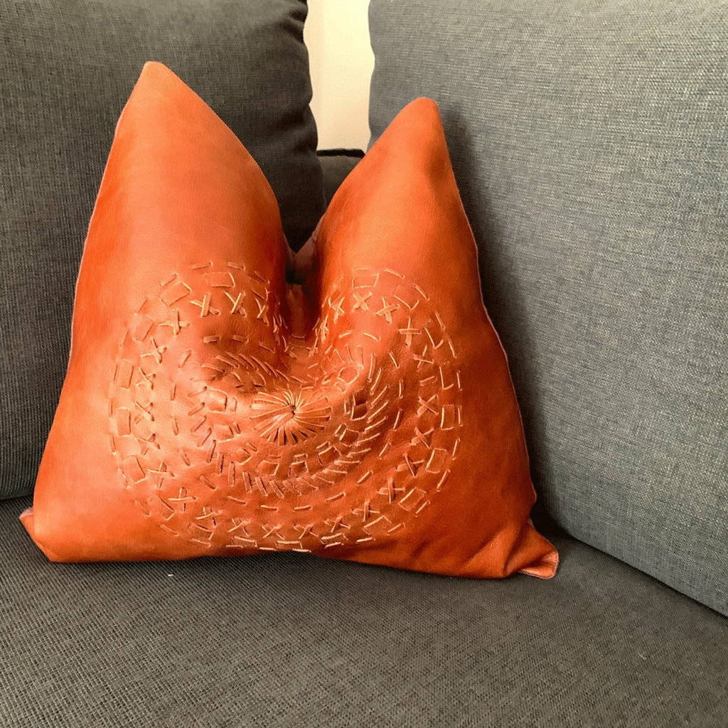100% Tan Leather Cushion Cover - Orange Leather