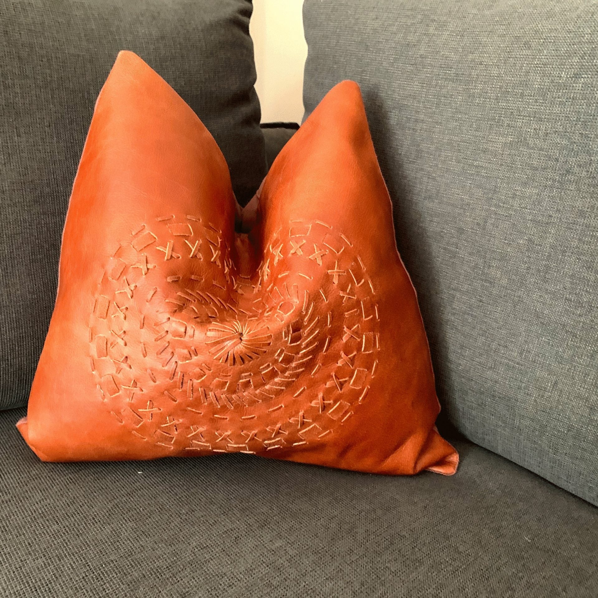 100% Tan Leather Cushion Cover - Orange Leather