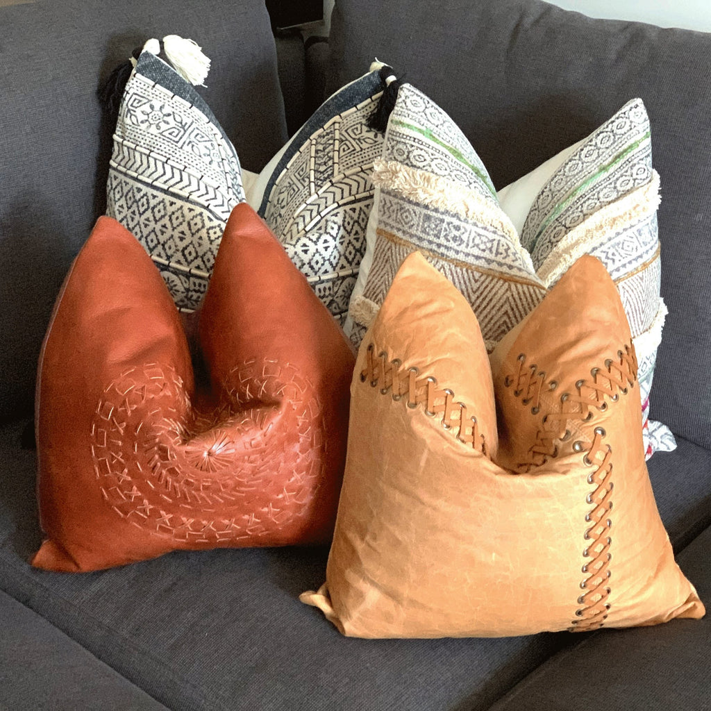 100% Tan Leather Cushion Cover - Orange Leather