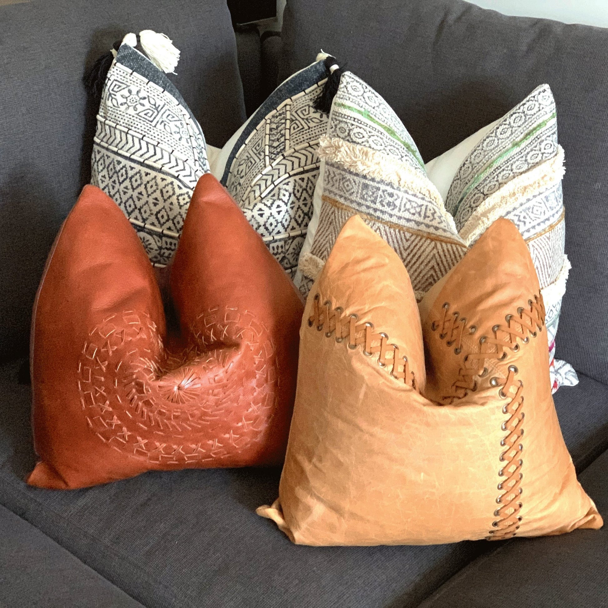 100% Tan Leather Cushion Cover - Orange Leather