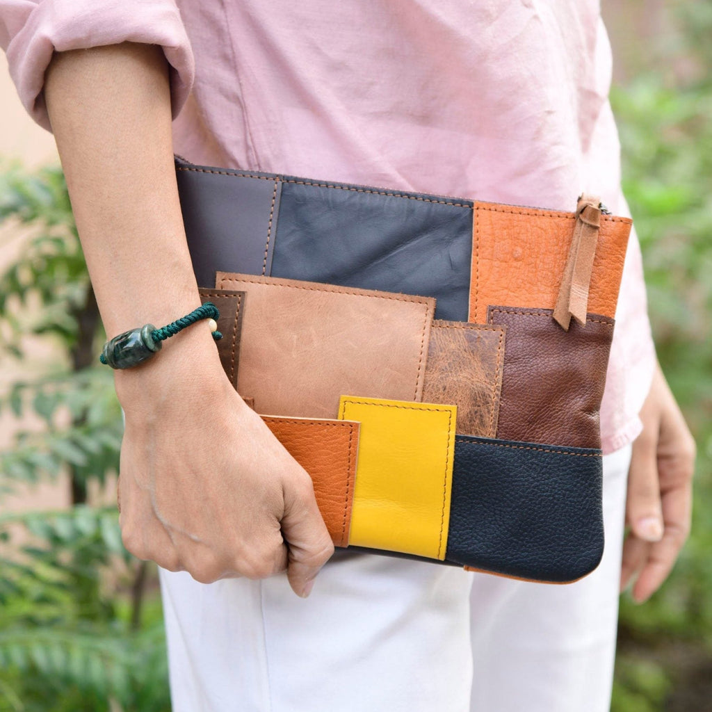 Genuine leather patchwork clutch