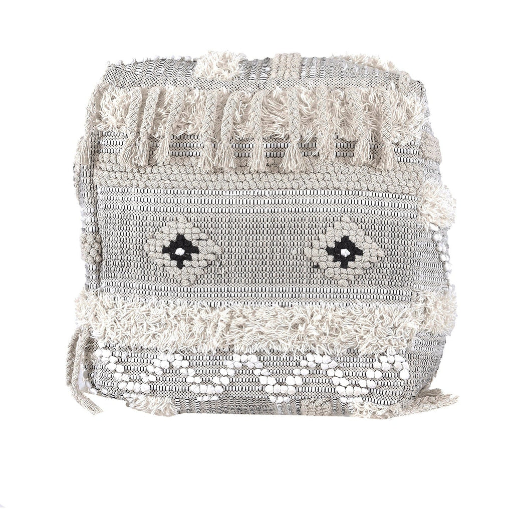 Moroccan Ottoman Cushion Cover, Pouf, Footstool - White Tassel