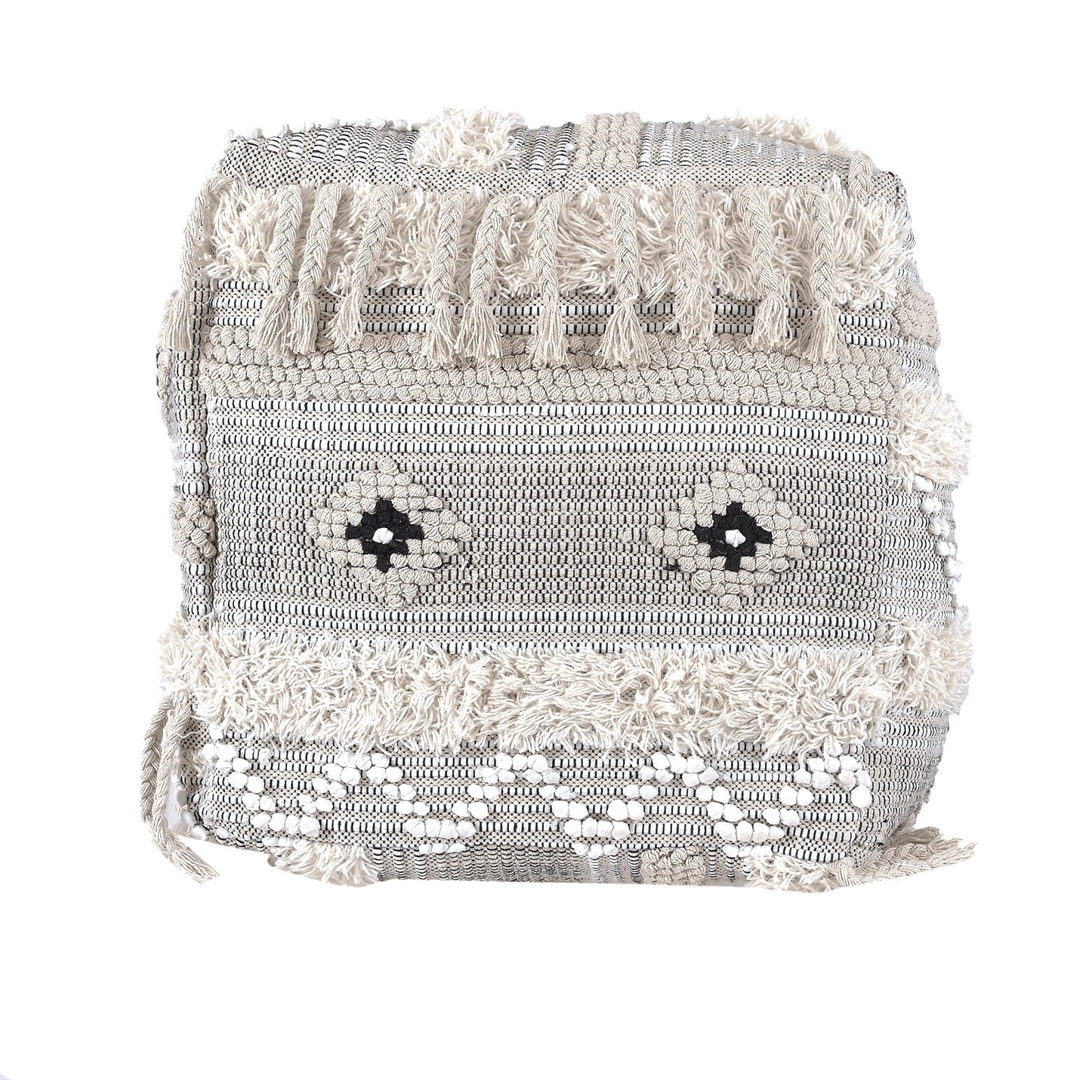 Moroccan Ottoman Cushion Cover, Pouf, Footstool - White Tassel