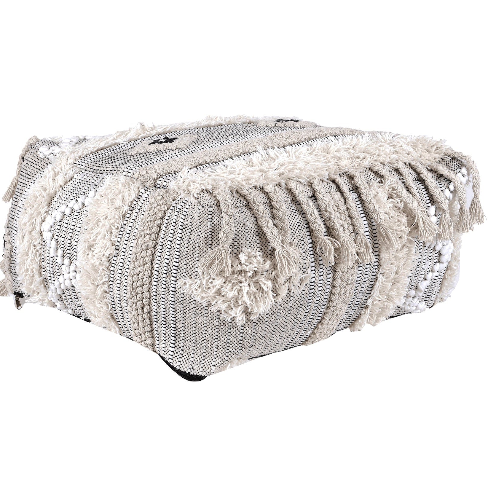 Moroccan Ottoman Cushion Cover, Pouf, Footstool - White Tassel
