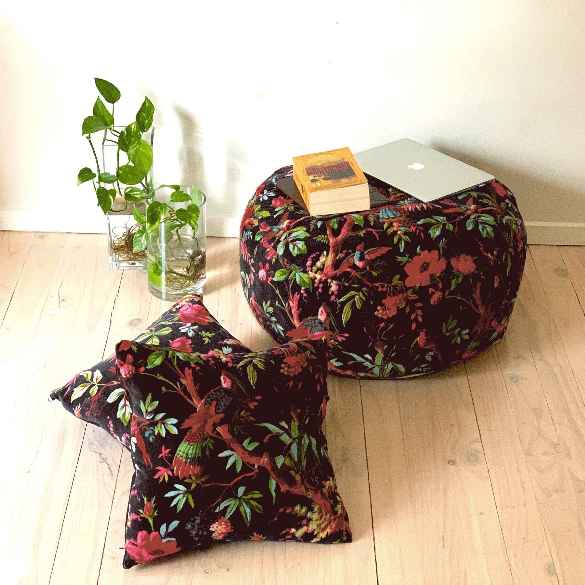 Velvet Patchwork Cushion Cover Ottoman Pouffe - Black Jade