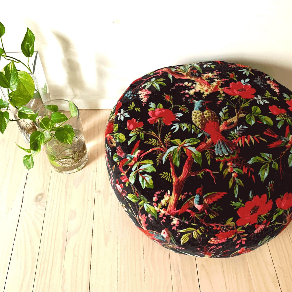 Velvet Patchwork Cushion Cover Ottoman Pouffe - Black Jade