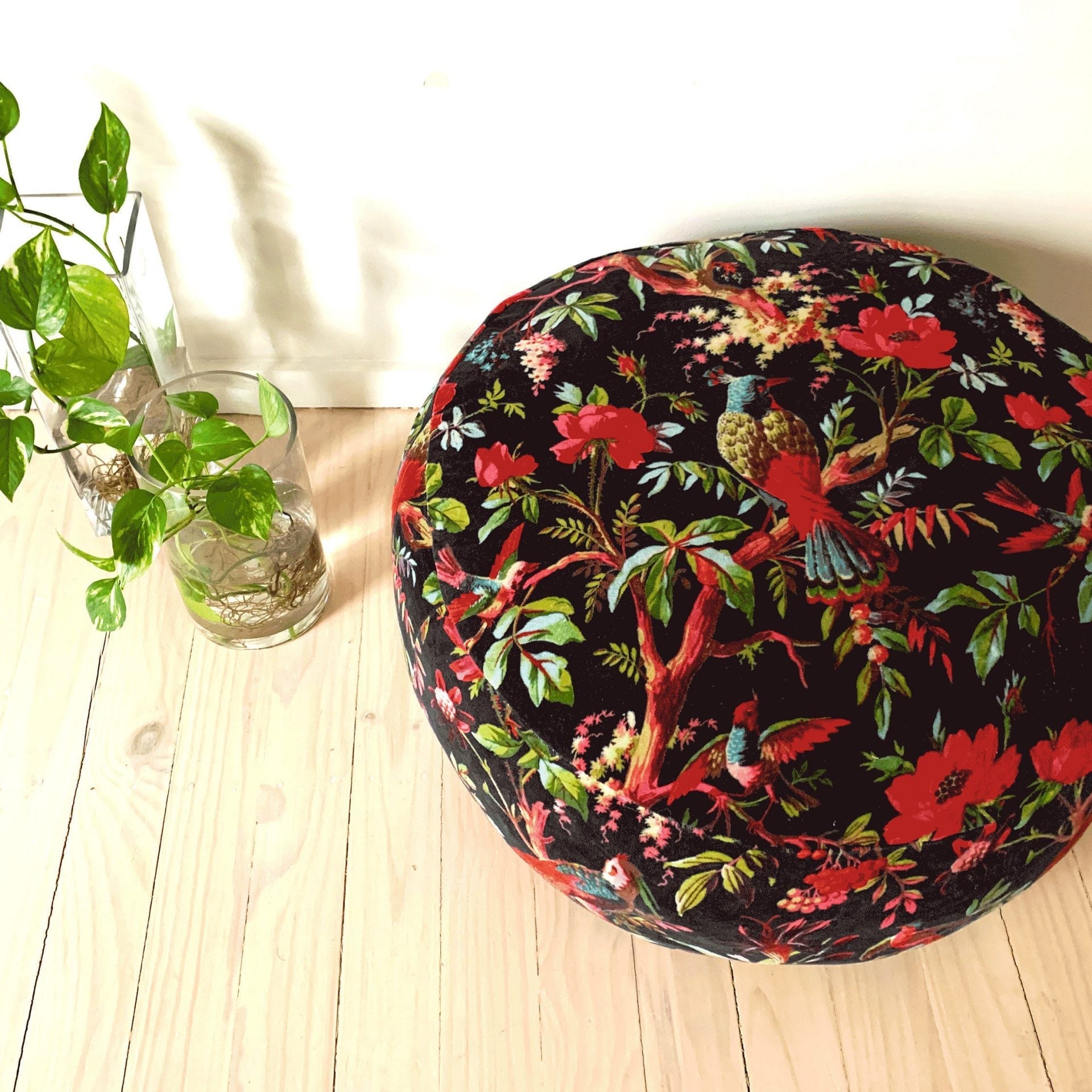 Velvet Patchwork Cushion Cover Ottoman Pouffe - Black Jade