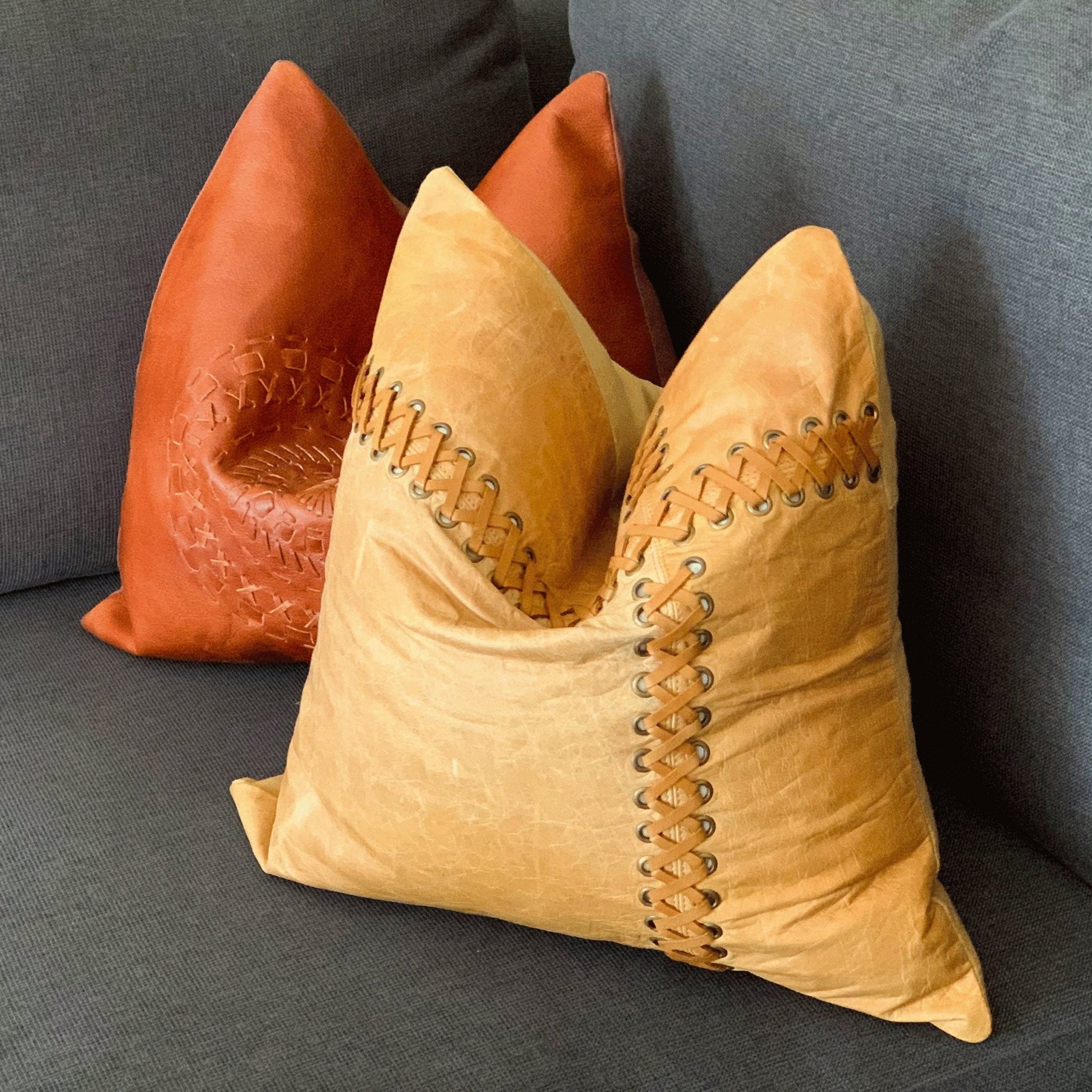 100% Tan Leather Cushion Cover - Orange Leather