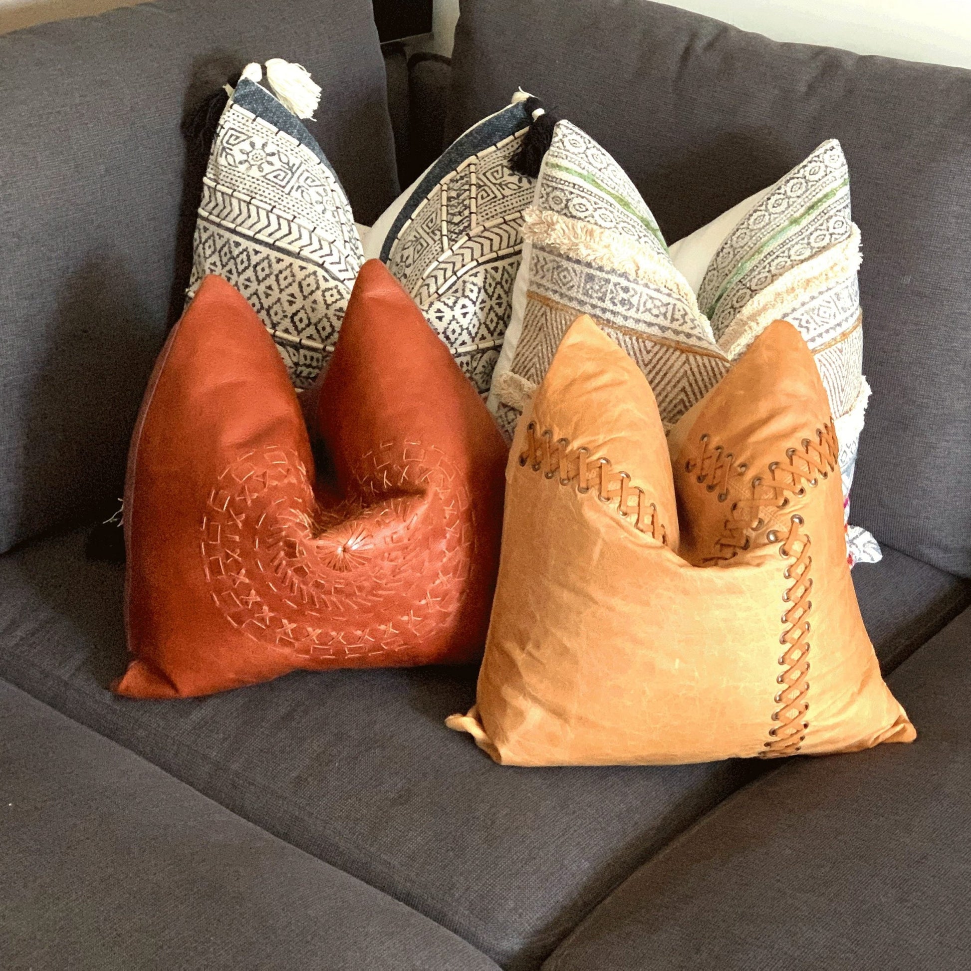 100% Tan Leather Cushion Cover - Orange Leather