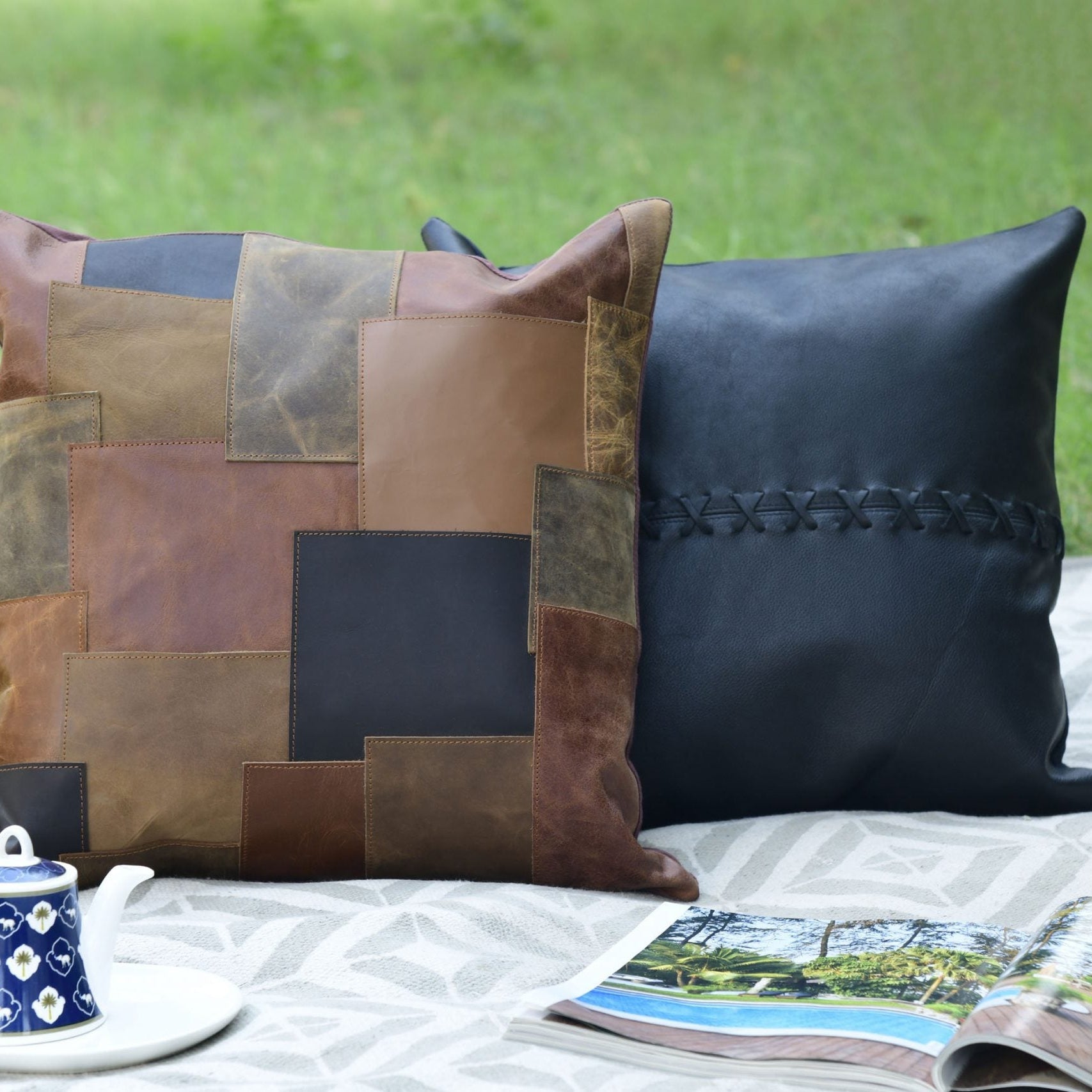 100% Tan Leather Cushion Cover - Mixed Patches