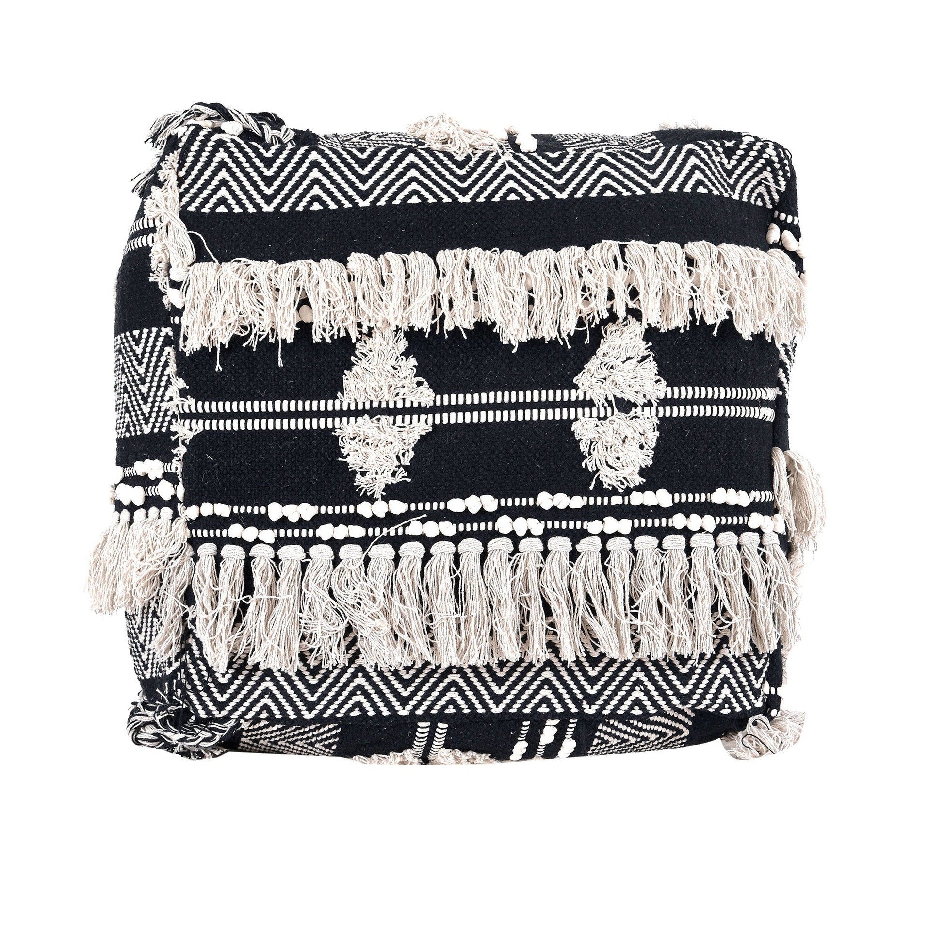 Moroccan Ottoman Cushion Cover, Pouf - Black Tassel