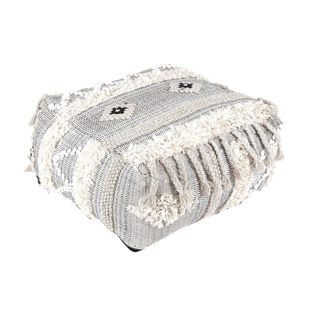 Moroccan Ottoman Cushion Cover, Pouf, Footstool - White Tassel
