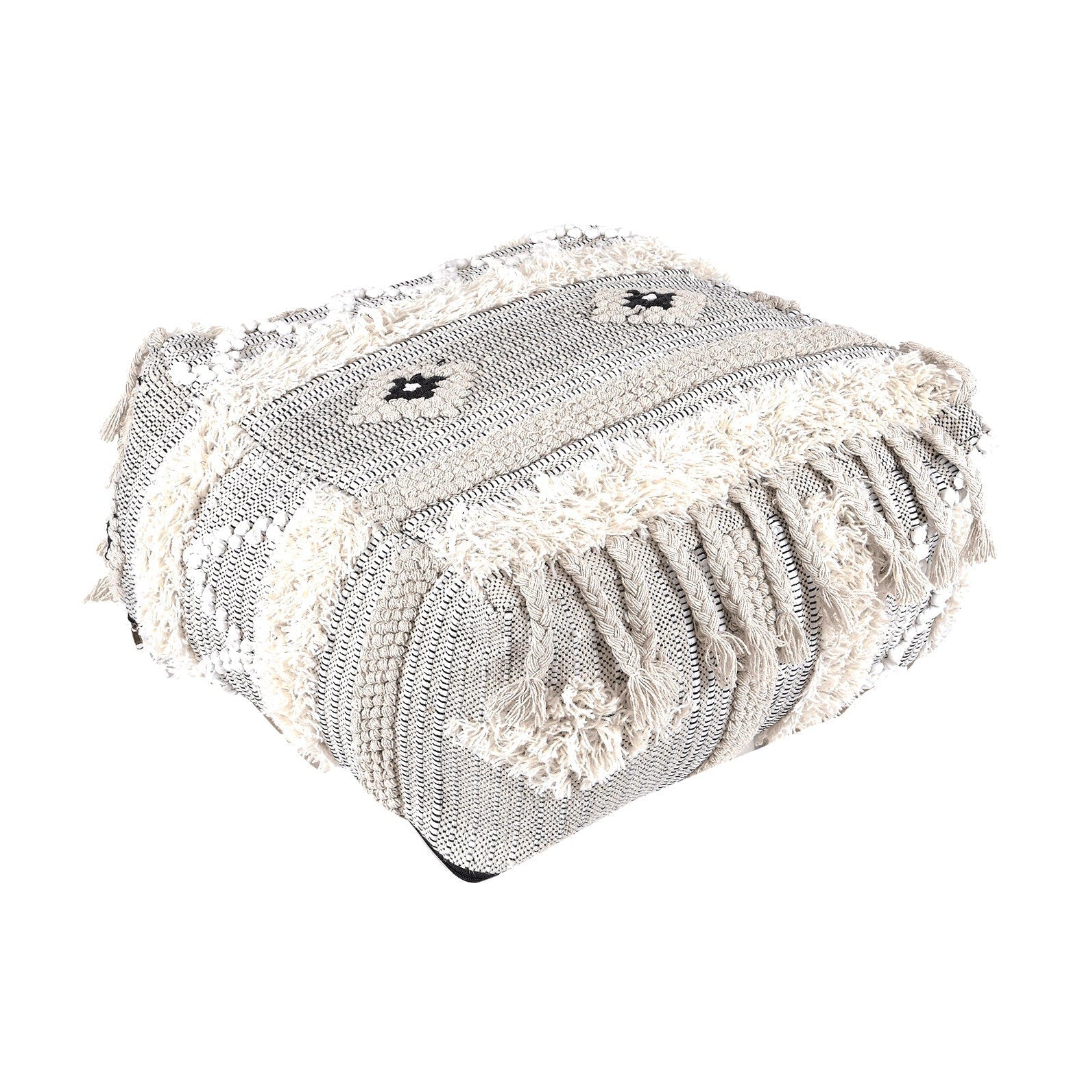 Moroccan Ottoman Cushion Cover, Pouf, Footstool - White Tassel