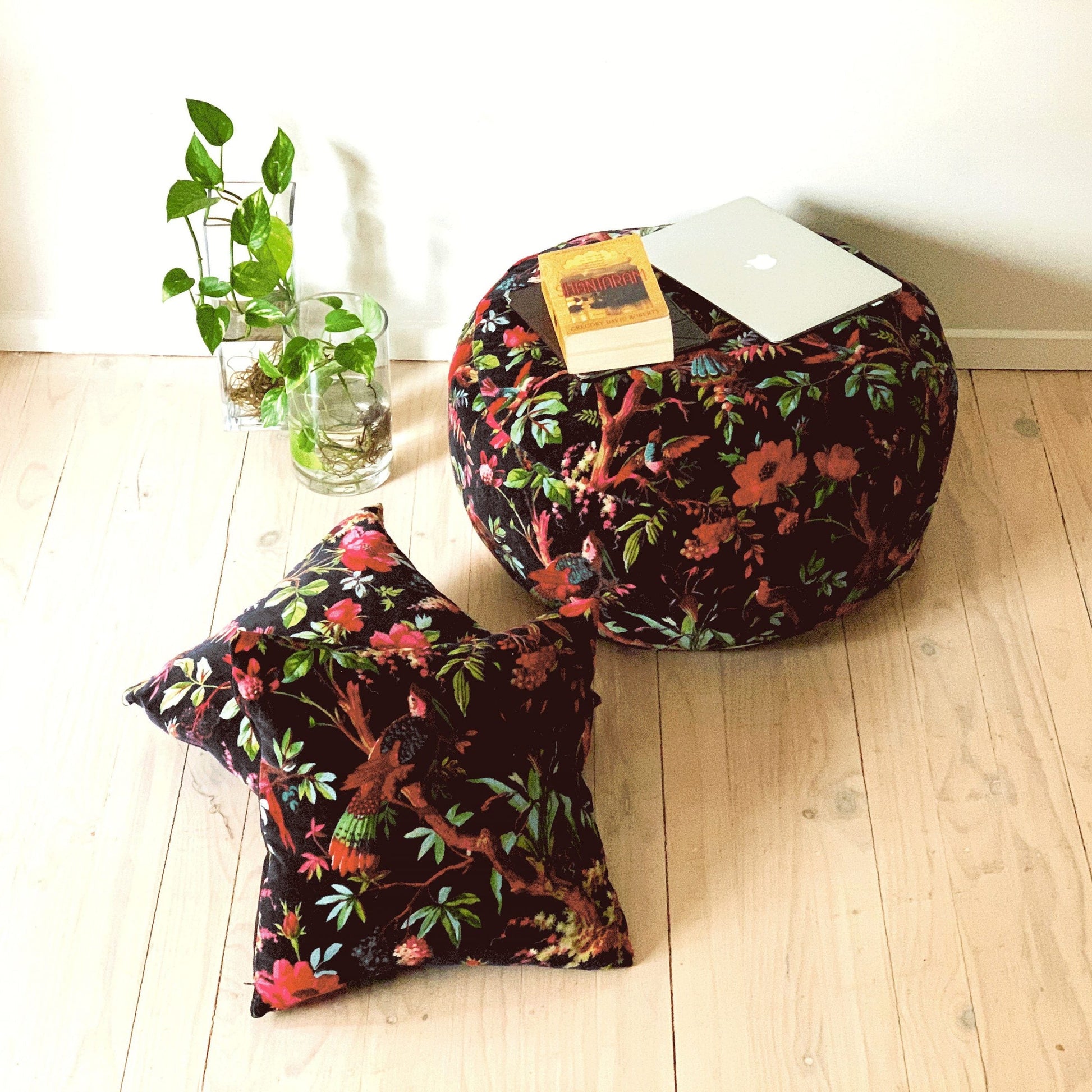 Velvet Patchwork Cushion Cover Ottoman Pouffe - Black Jade