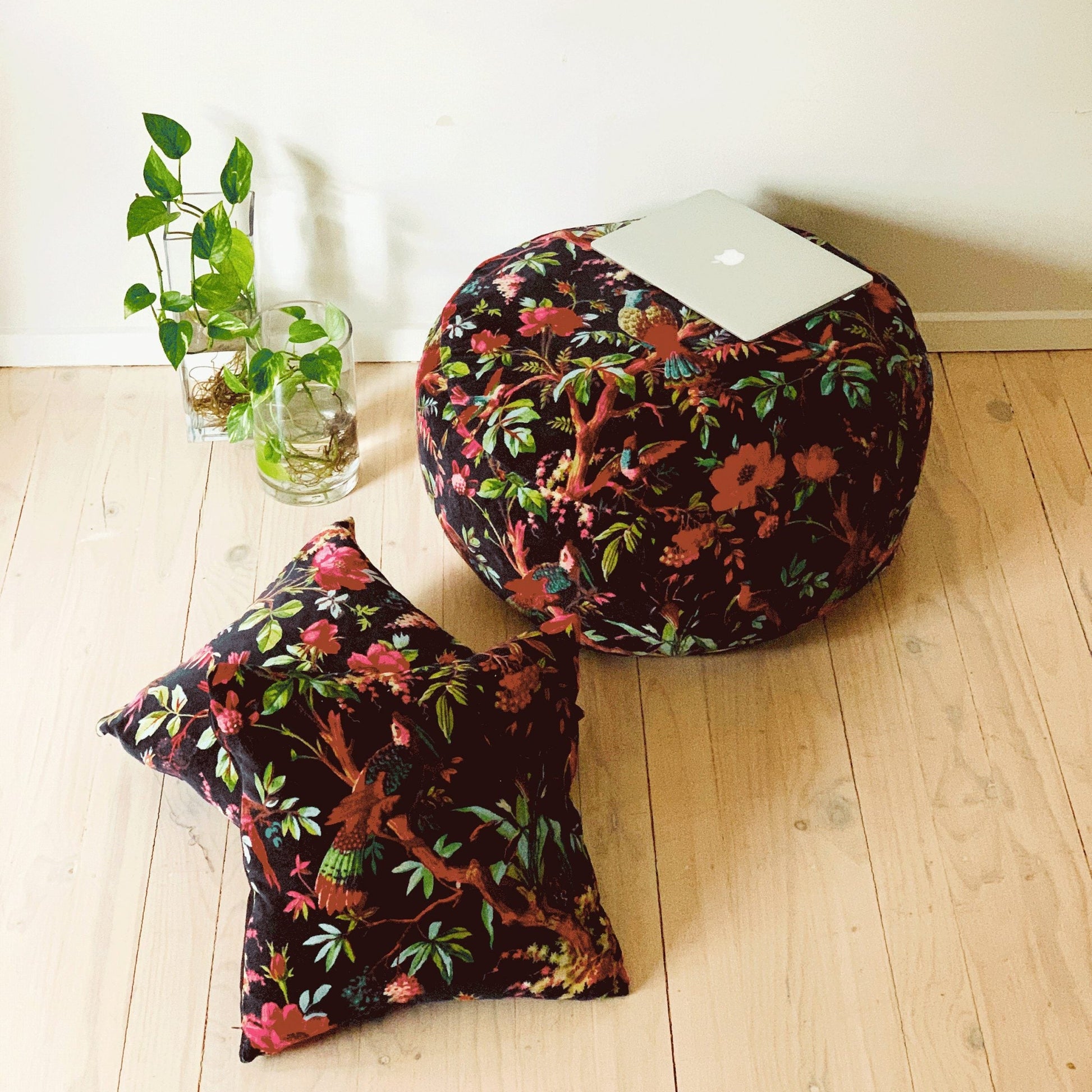 Velvet Patchwork Cushion Cover Ottoman Pouffe - Black Jade