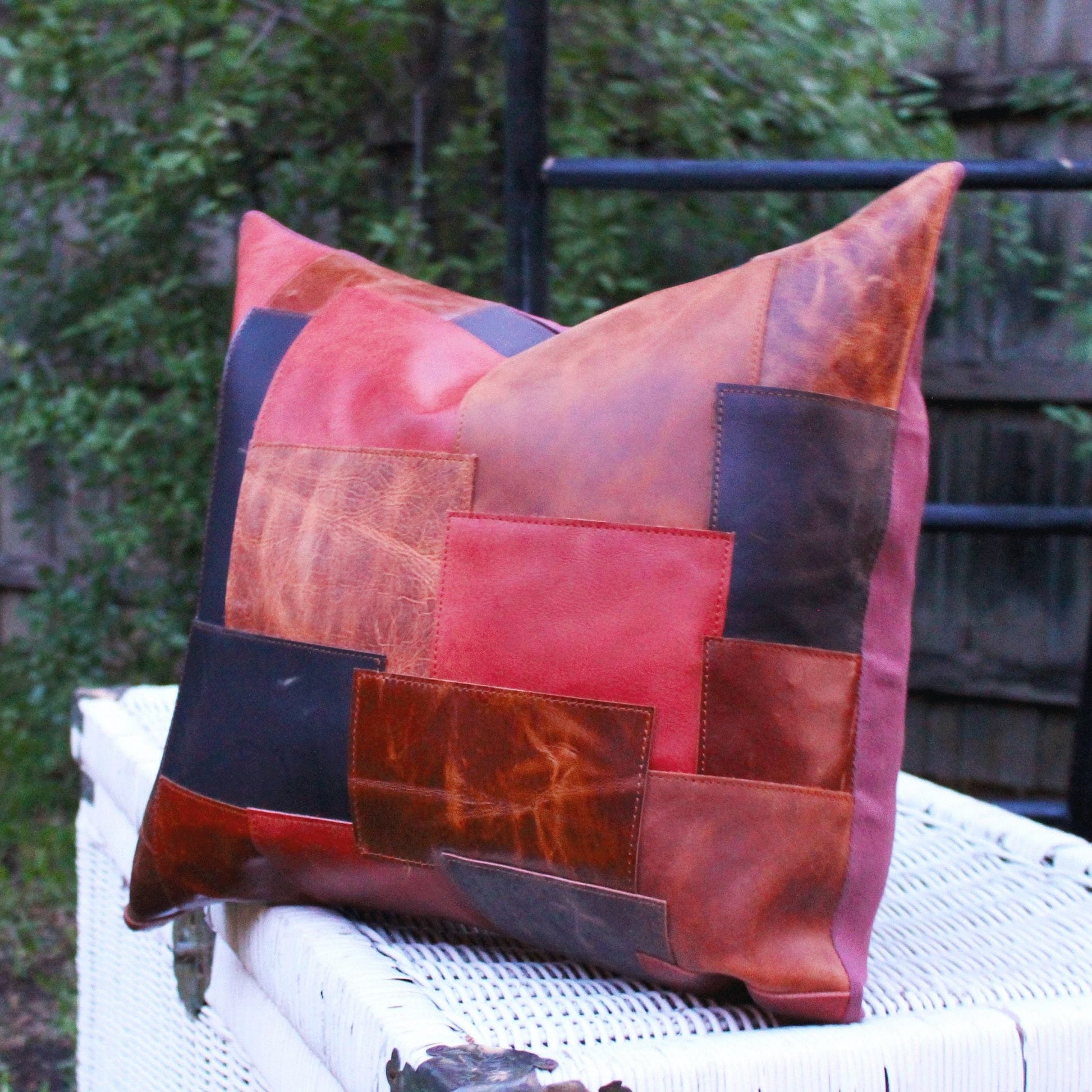 100% Tan Leather Cushion Cover - Block Print Patchwork