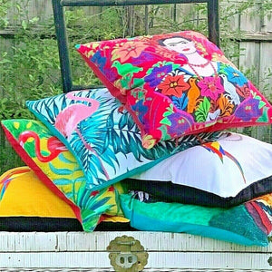 'Frida's Expressionist Oasis' 100% Cotton Velvet Cushion Cover