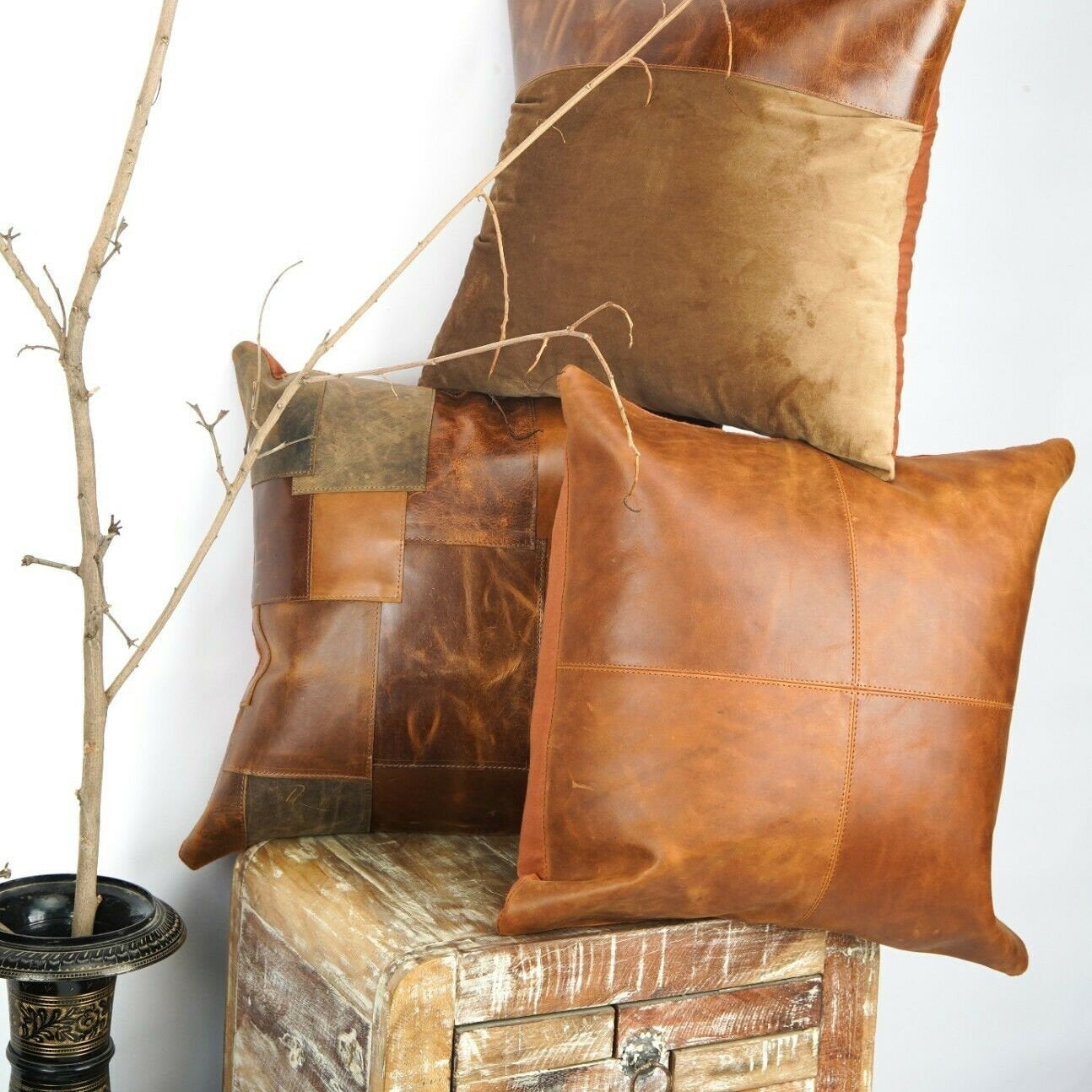 100% Tan Leather Cushion Cover - Brown