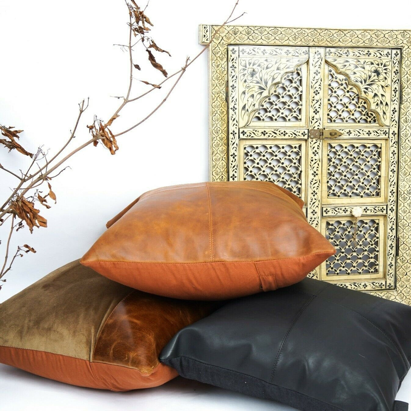 100% Tan Leather Cushion Cover - Brown