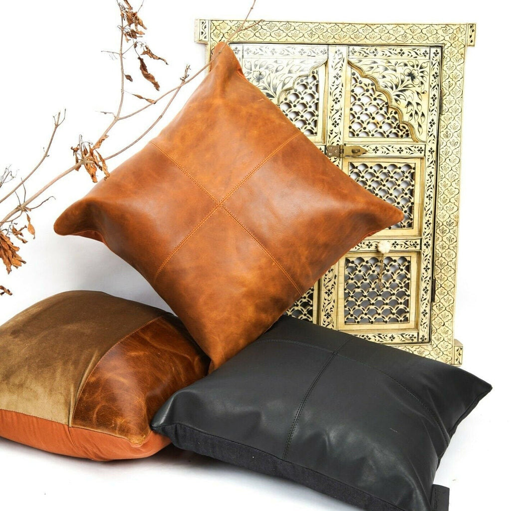 100% Tan Leather Cushion Cover - Black Twist