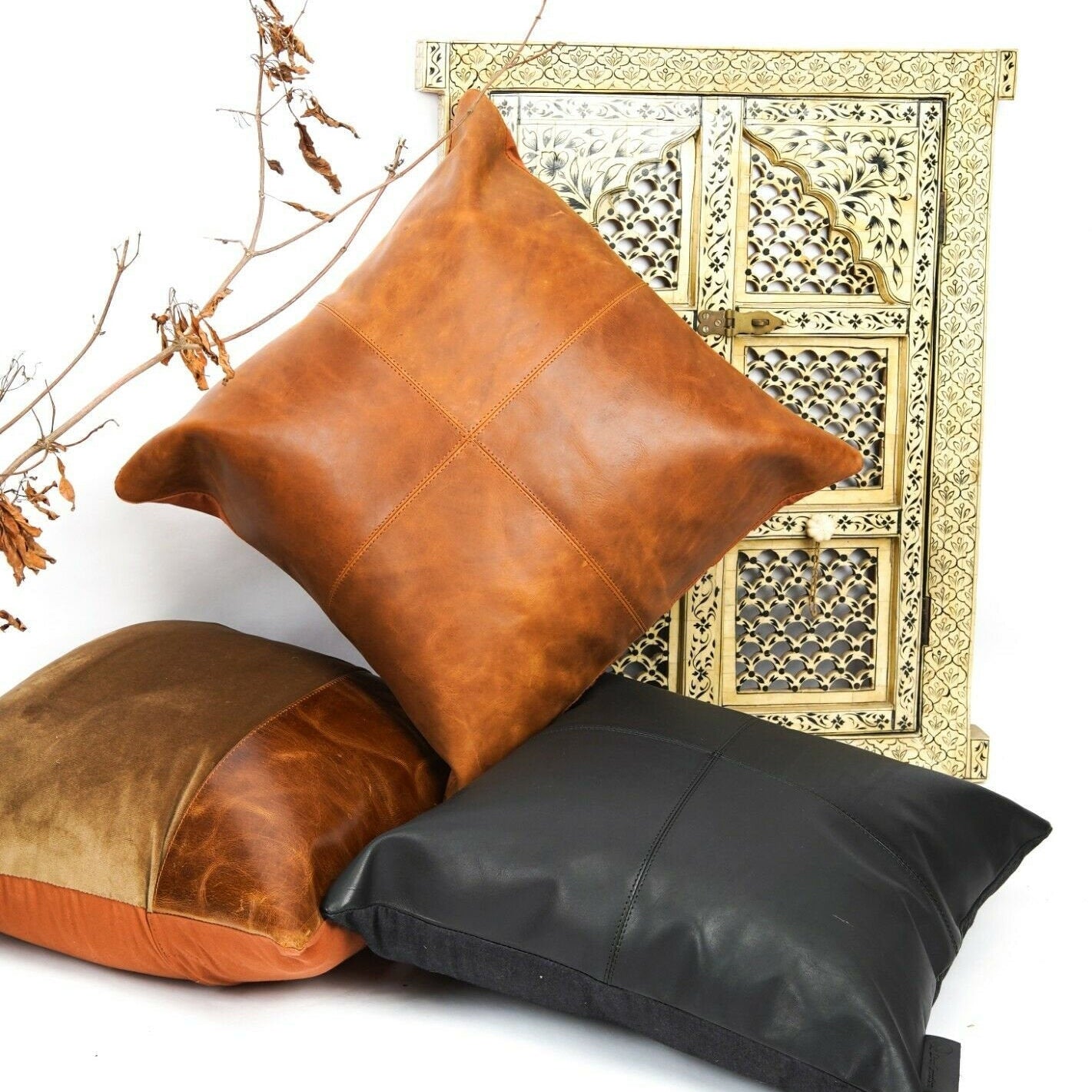 100% Tan Leather Cushion Cover - Black Twist