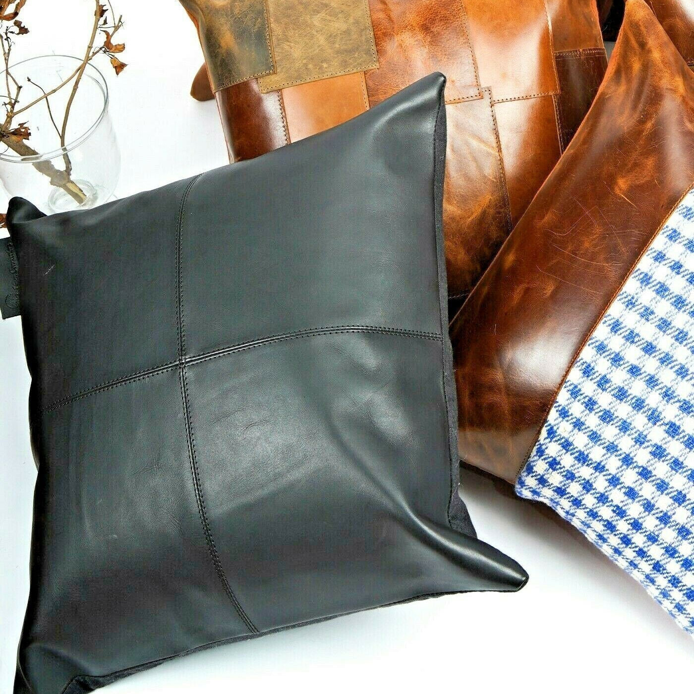 100% Tan Leather Cushion Cover - Black Twist