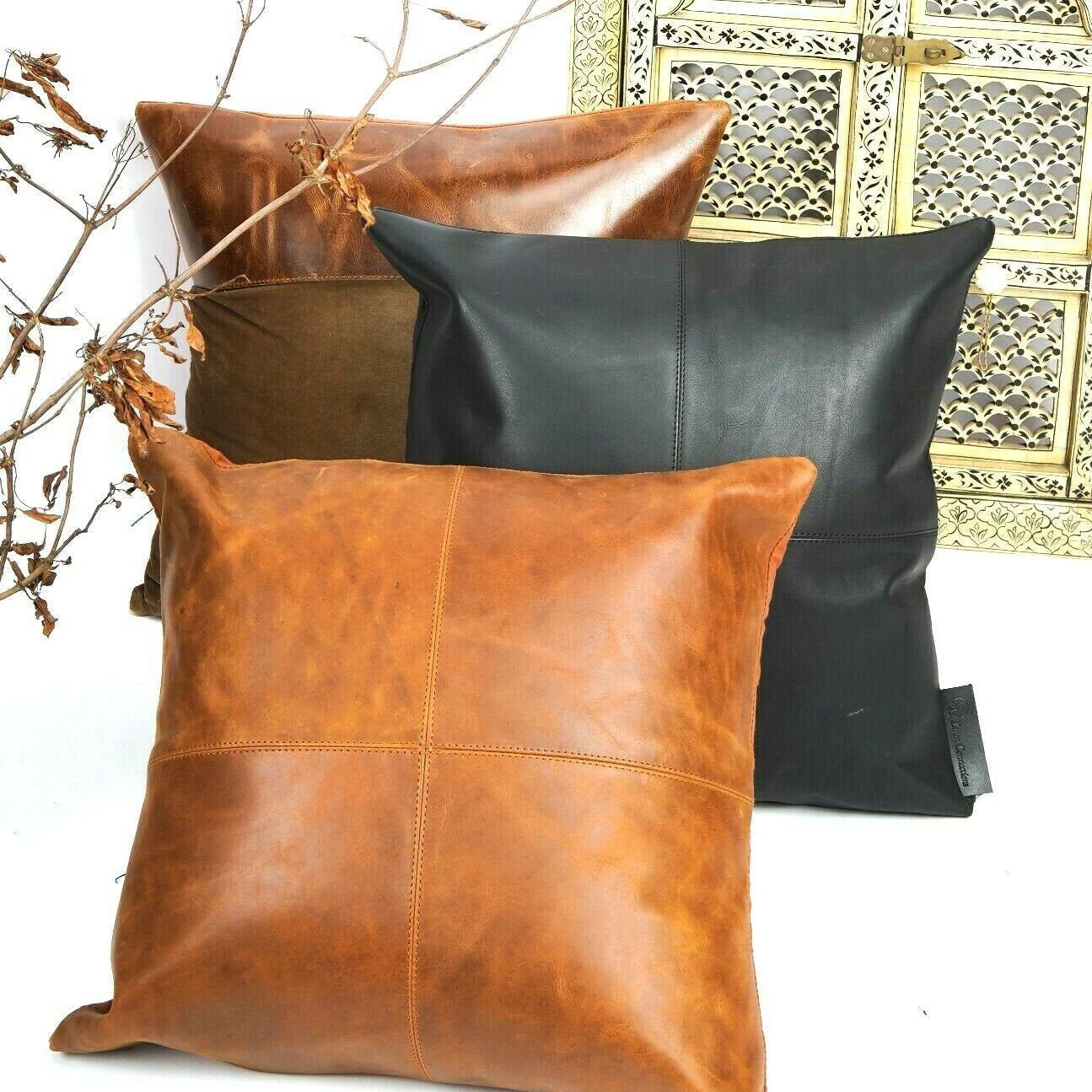 100% Tan Leather Cushion Cover - Brown