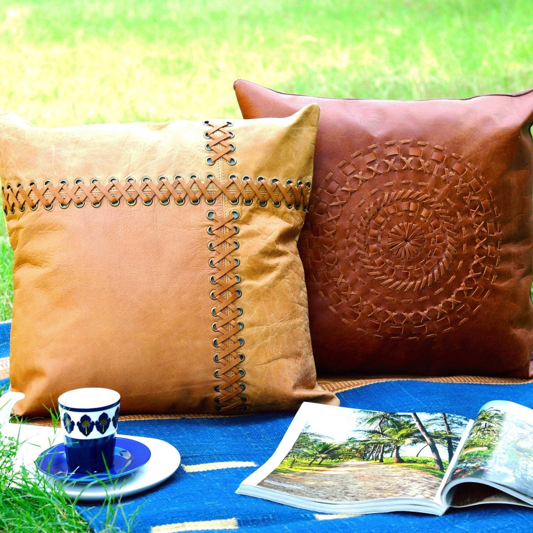 100% Tan Leather Cushion Cover - Beige