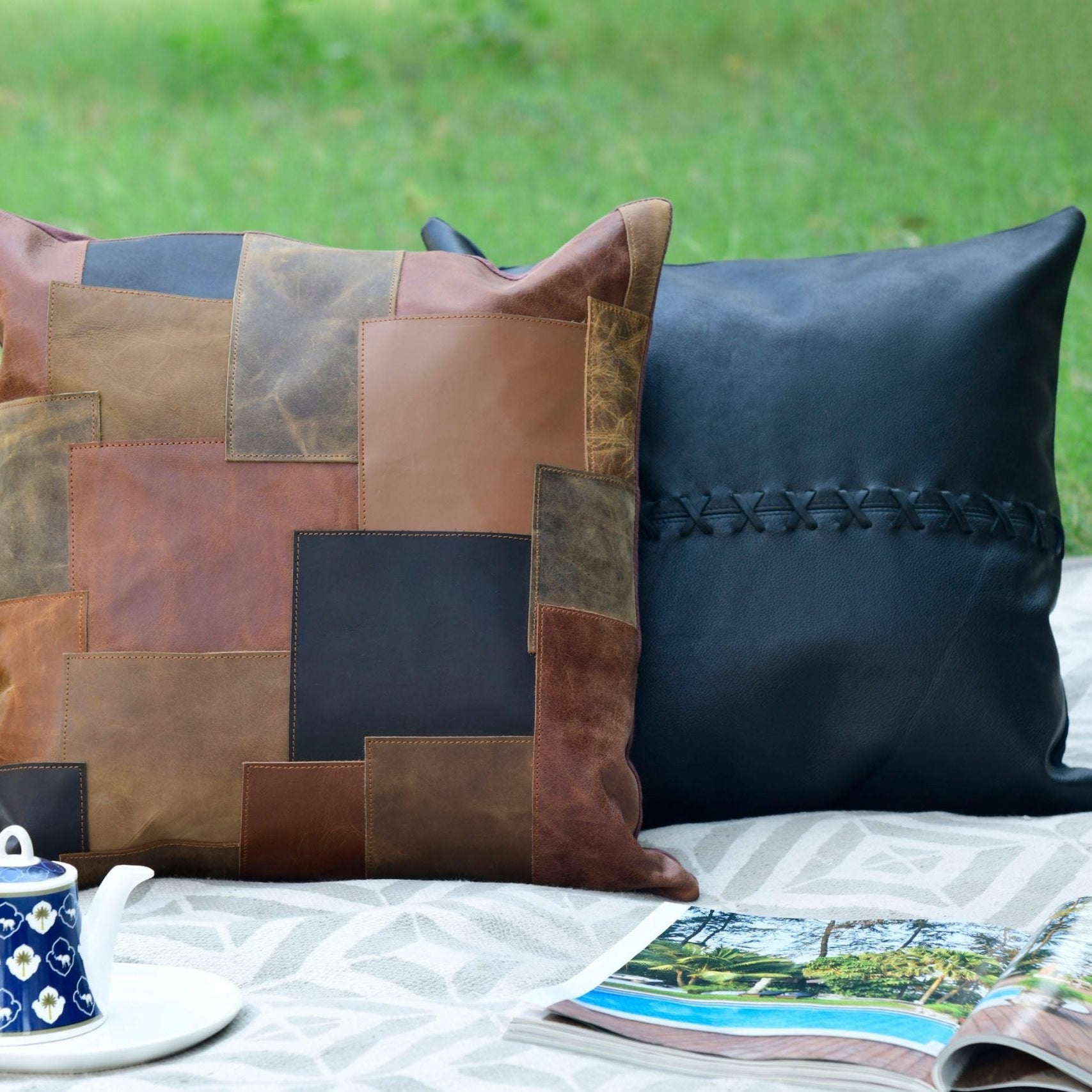 100% Tan Leather Cushion Cover - Blue Crosses