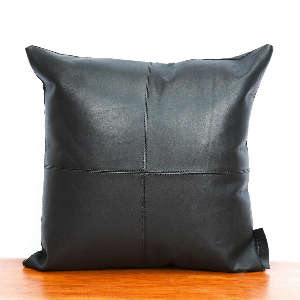 100% Tan Leather Cushion Cover - Black Twist