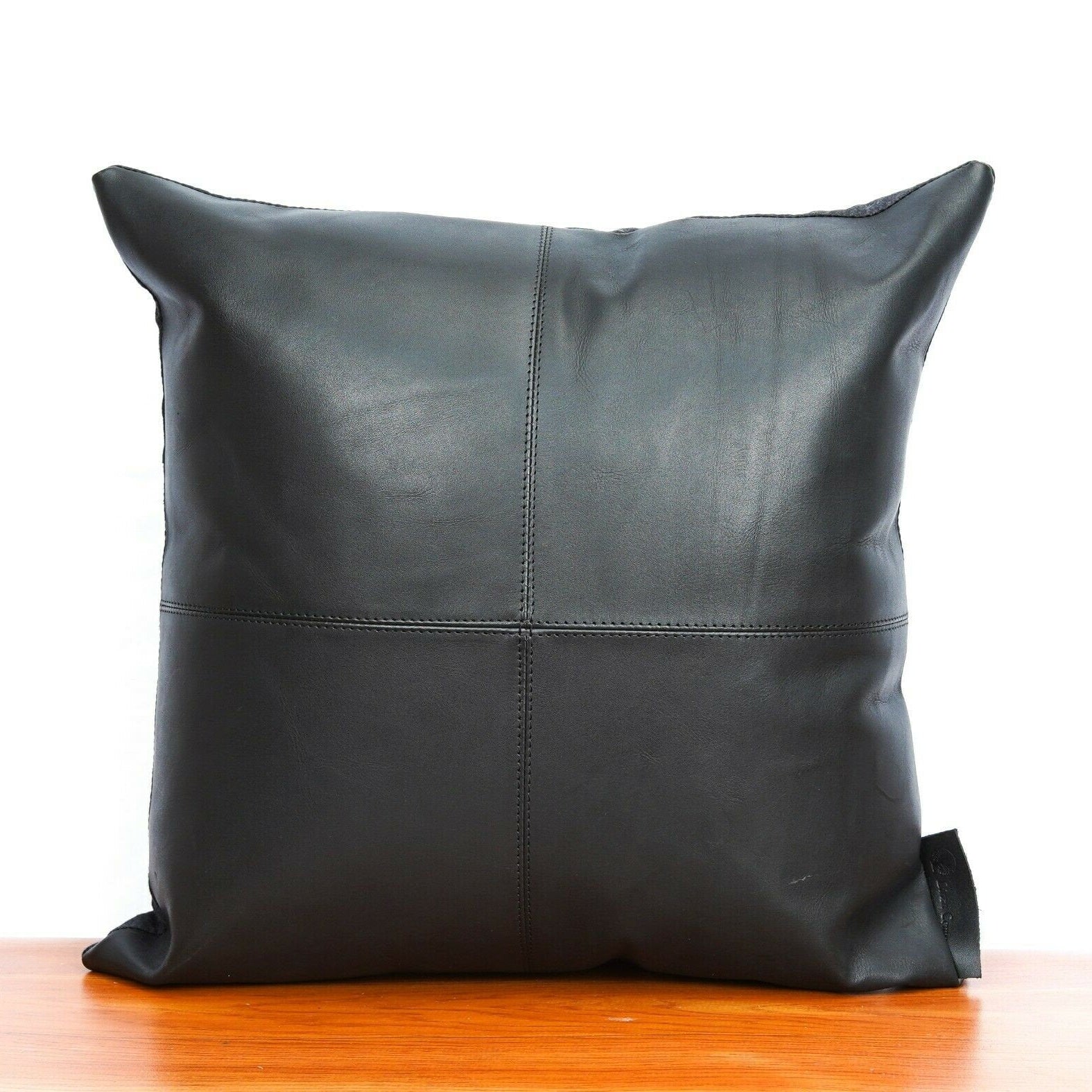 100% Tan Leather Cushion Cover - Black Twist