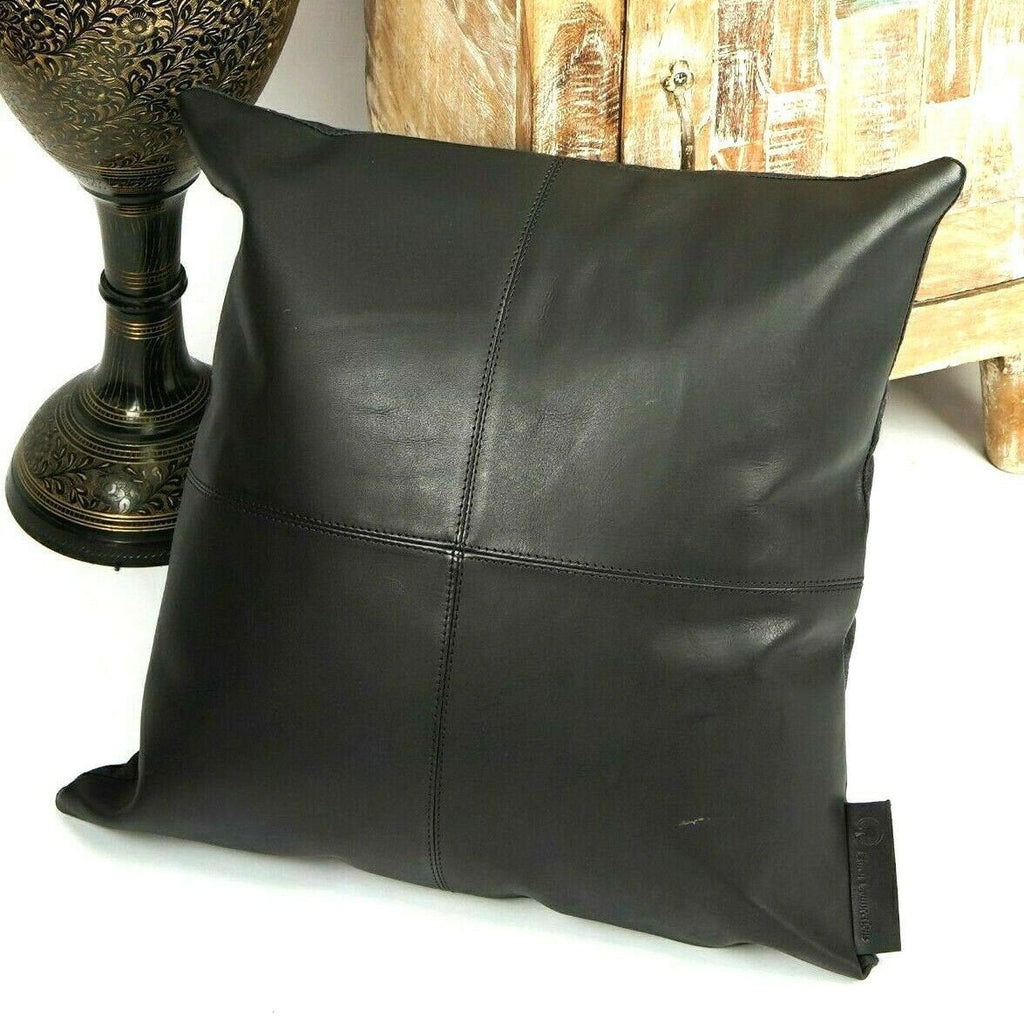 100% Tan Leather Cushion Cover - Black Twist