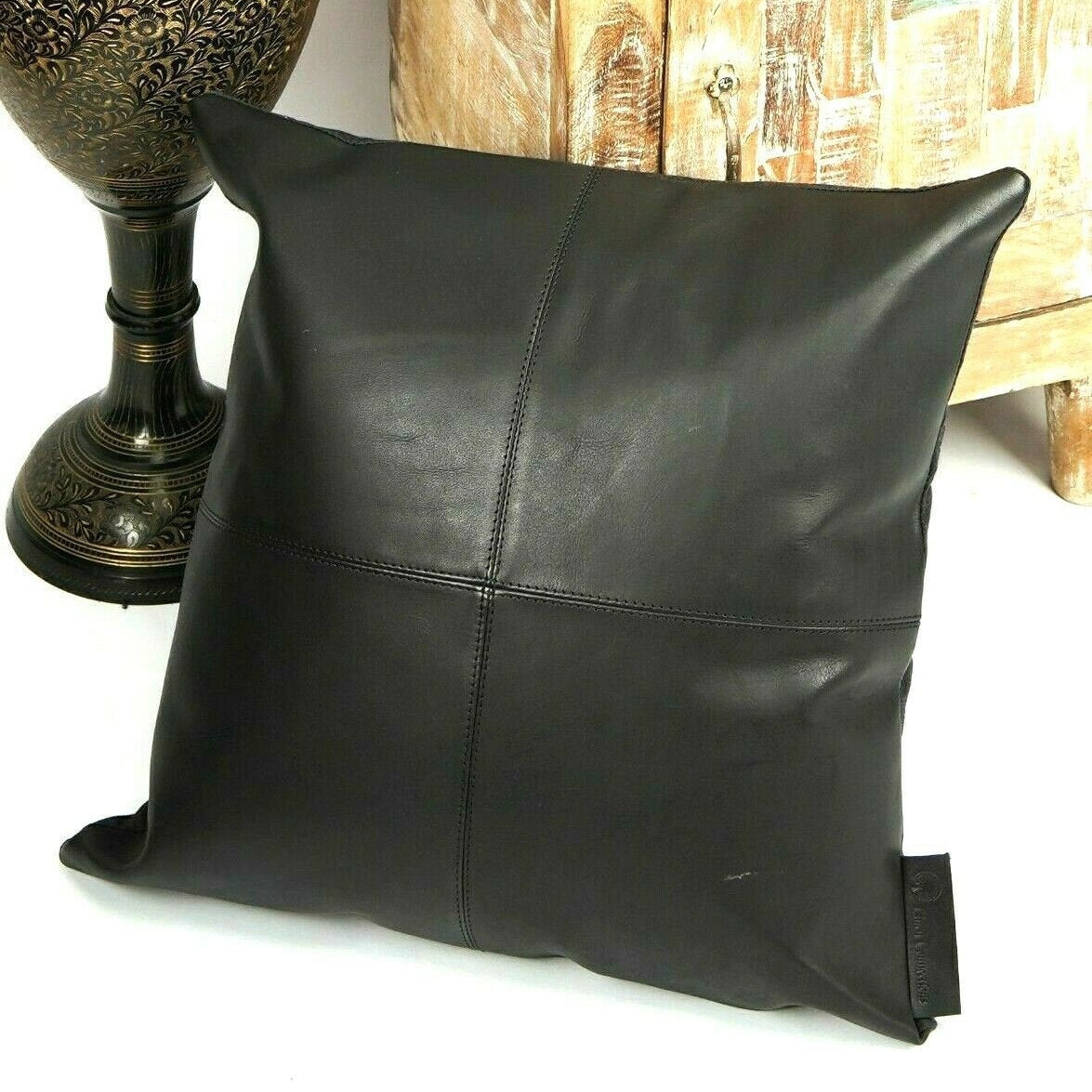 100% Tan Leather Cushion Cover - Black Twist