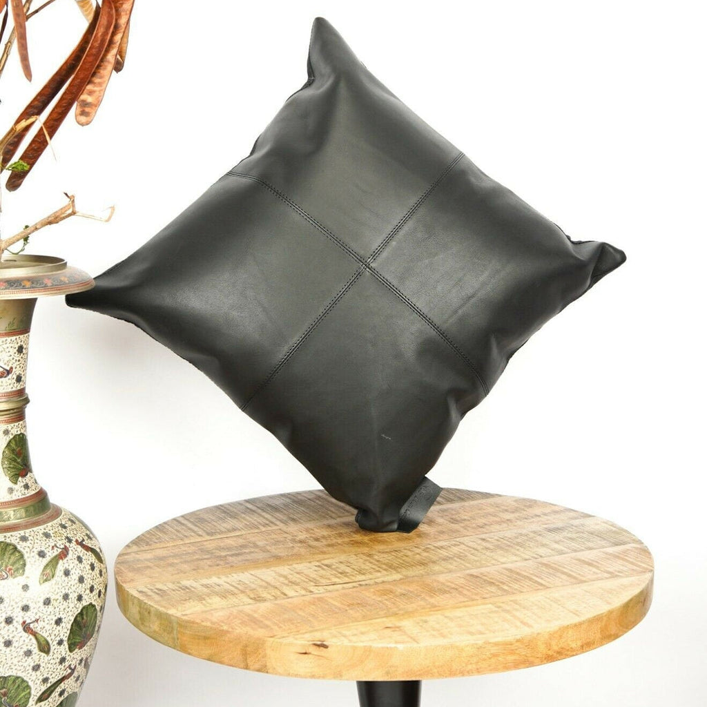 100% Tan Leather Cushion Cover - Black Twist