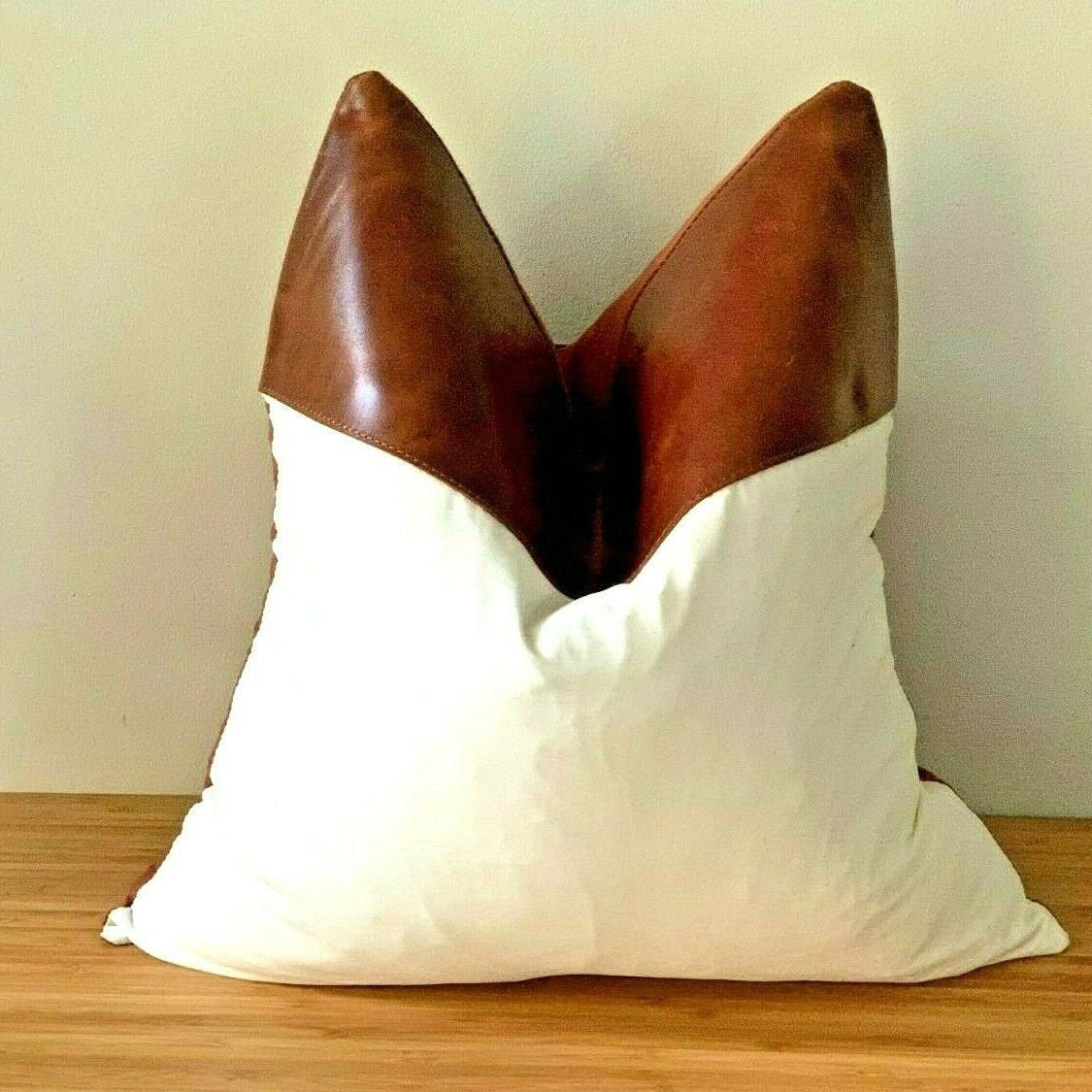 100% Tan Leather Cushion Cover - Bright White