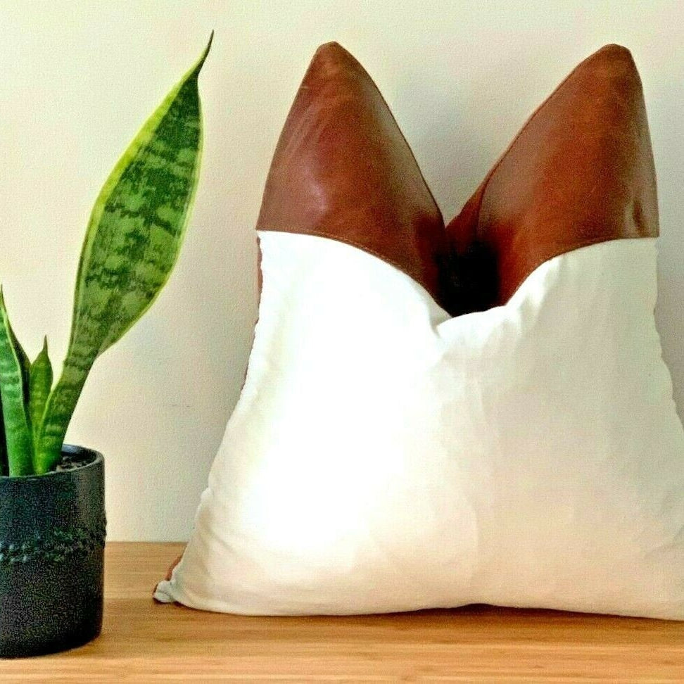 100% Tan Leather Cushion Cover - Bright White
