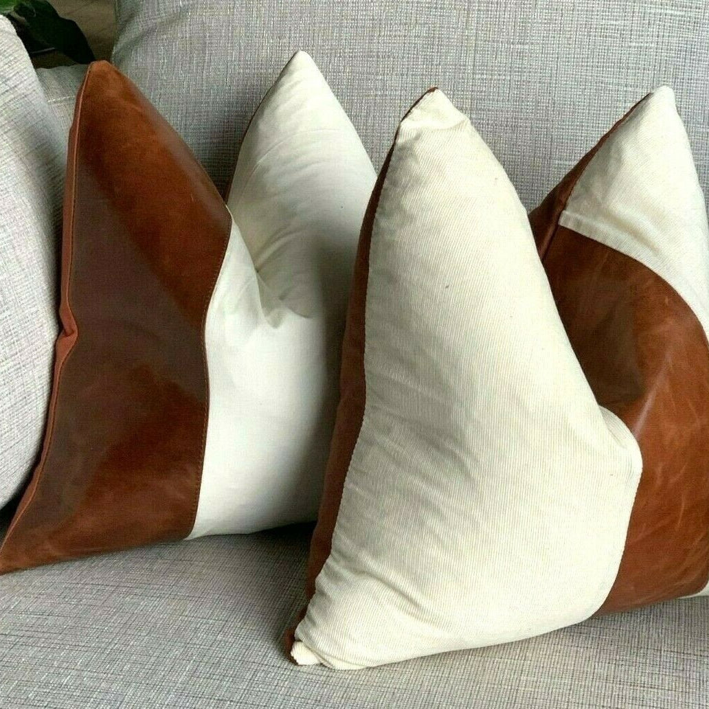 100% Tan Leather Cushion Cover - Bright White