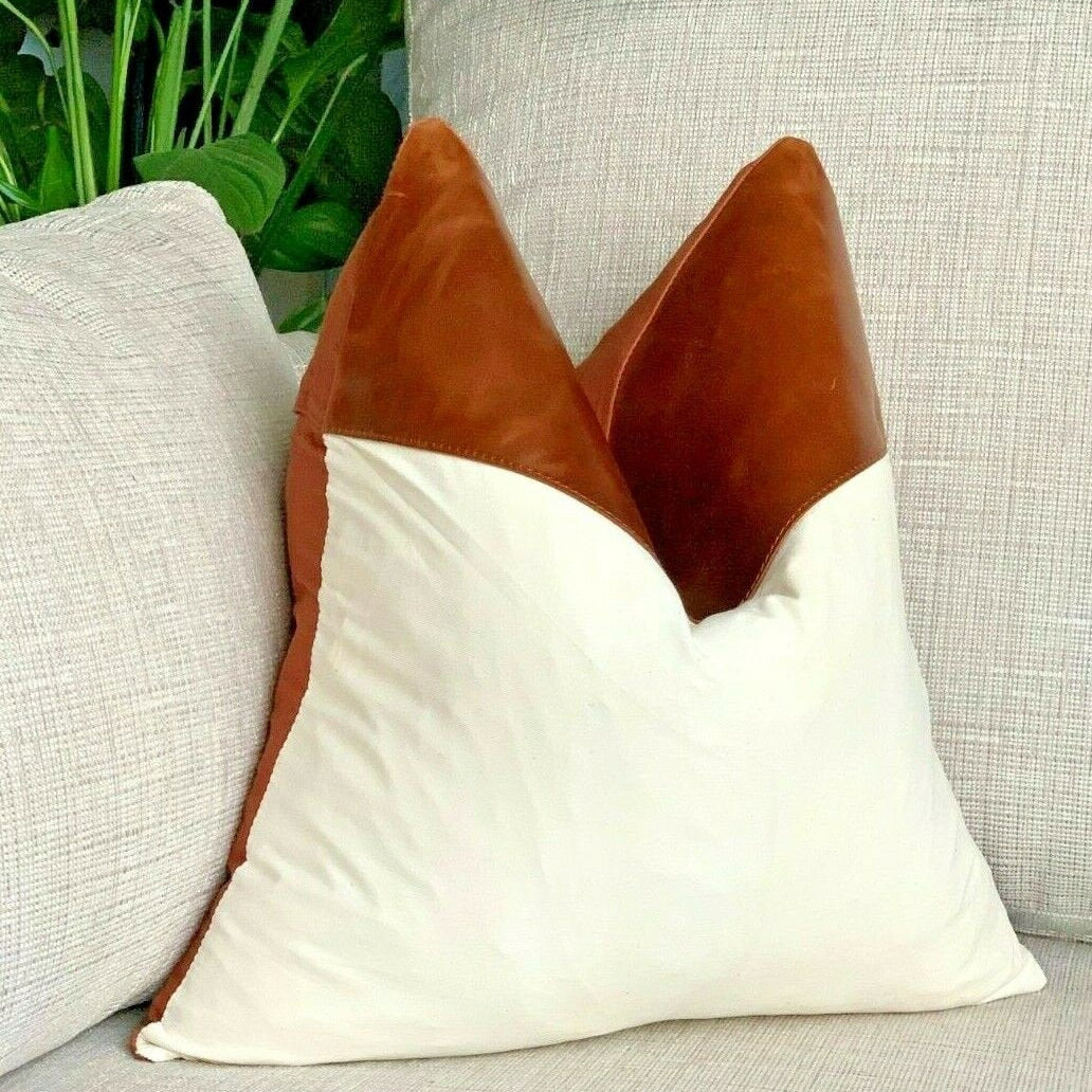 100% Tan Leather Cushion Cover - Bright White