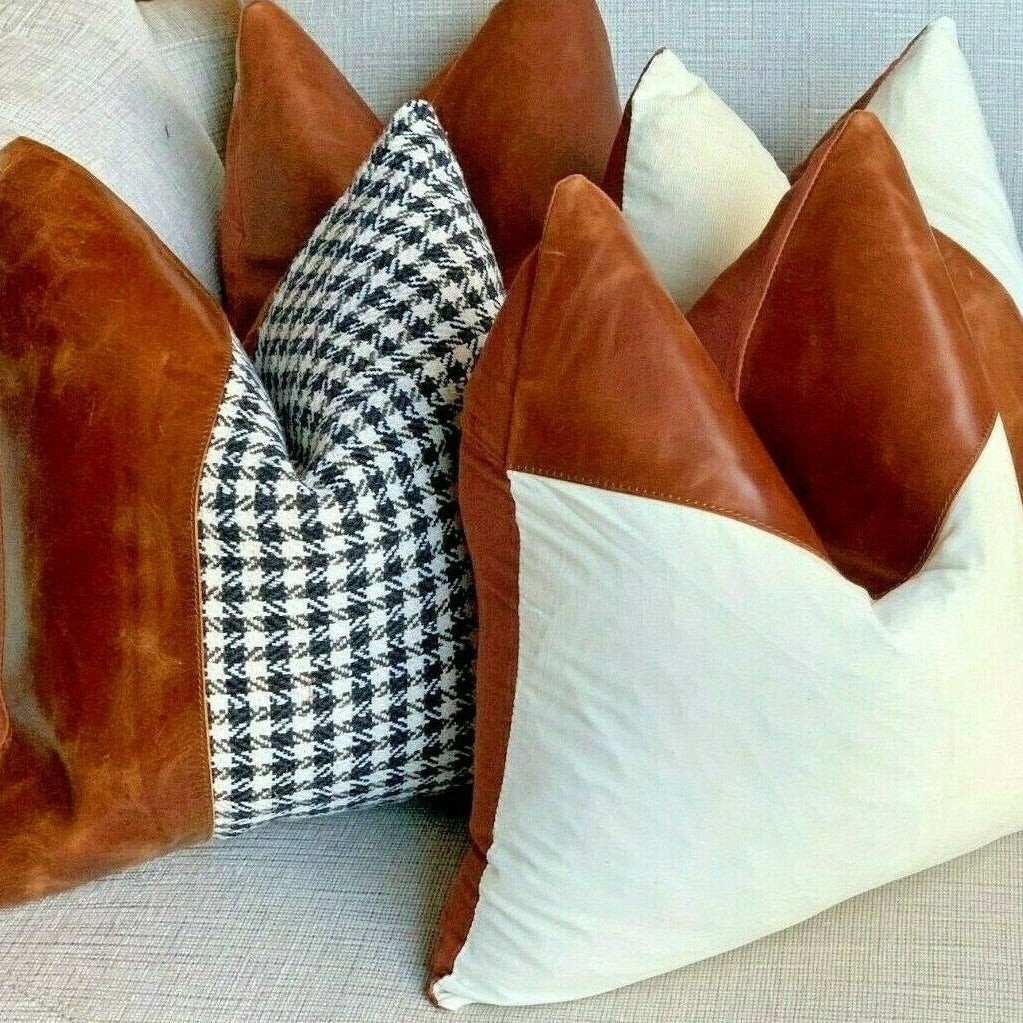 100% Tan Leather Cushion Cover - Bright White