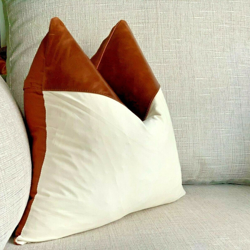 100% Tan Leather Cushion Cover - White Meadows
