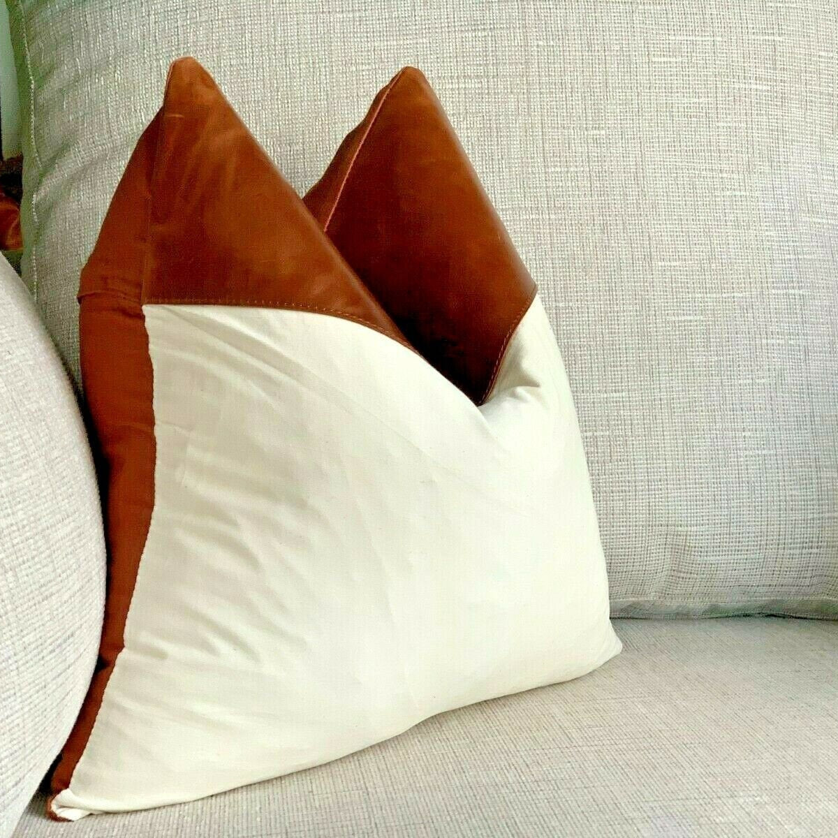100% Tan Leather Cushion Cover - Bright White