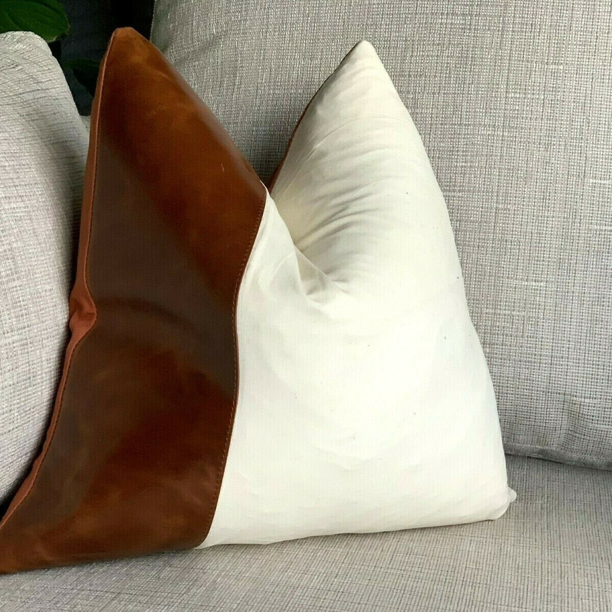 100% Tan Leather Cushion Cover - Bright White