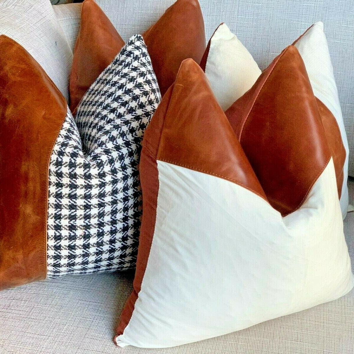 100% Tan Leather Cushion Cover - Bright White